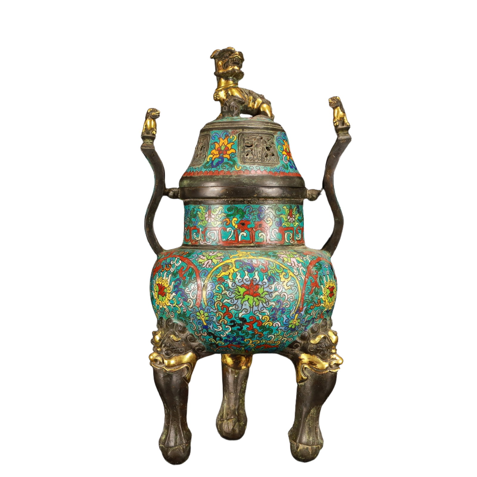 A Rare Cloisonne Lotus Pattern Double-Ears and Beast-Legs Censer: A Rare Cloisonne Lotus Pattern Double-Ears and Beast-Legs Censer,(A type of enamelware with metal wires separating colored glaze, originating in China),Qing Dynasty,China,Qianlong Four-character Mark,