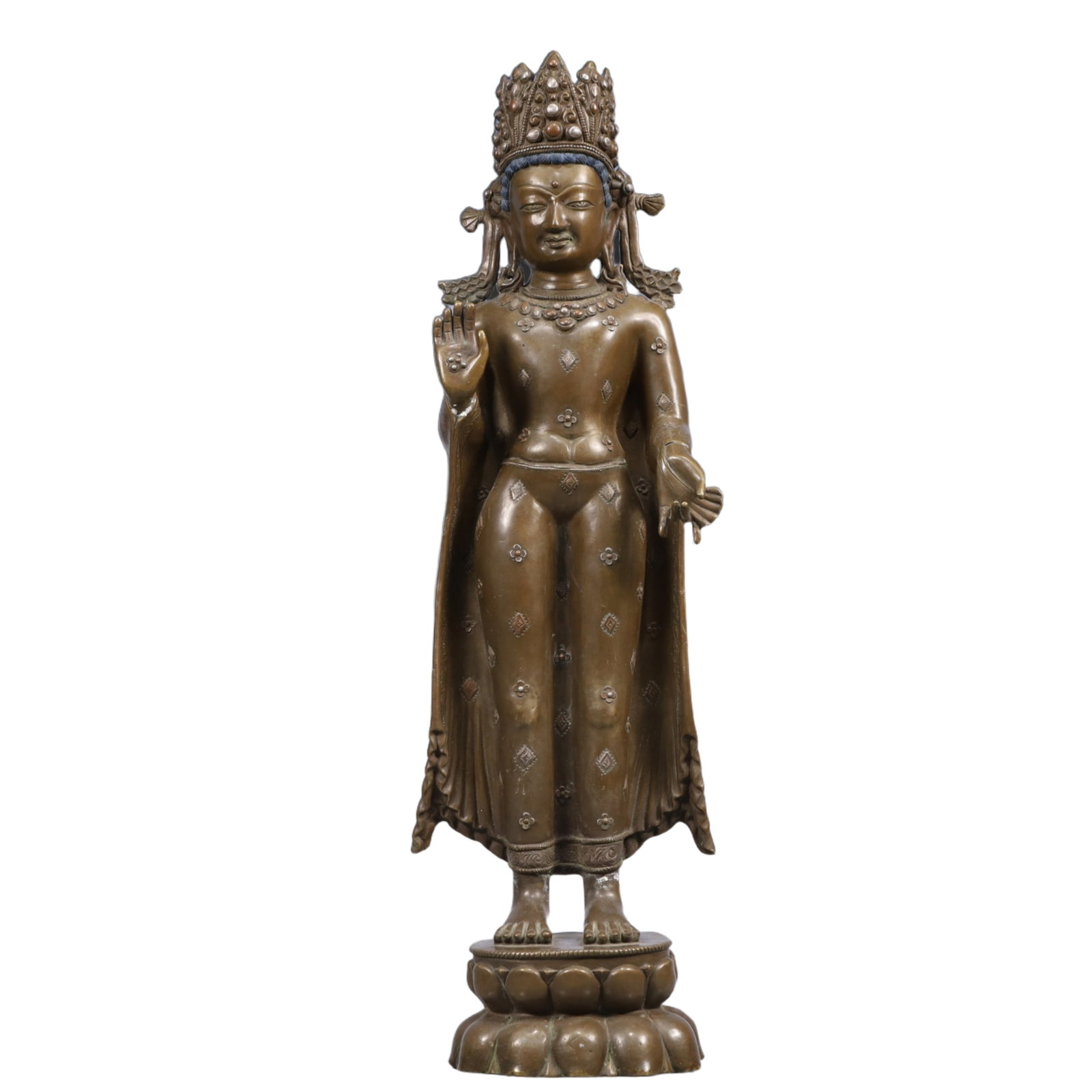 A Solemn Bronze Statue of Tara, Inlaid Gems: A Solemn Bronze Statue of Tara, Inlaid Gems, Ming Dynasty, China, Size:4.3inx17.7in, Weight:4400g 铜度母像,嵌宝石,中国明代,尺