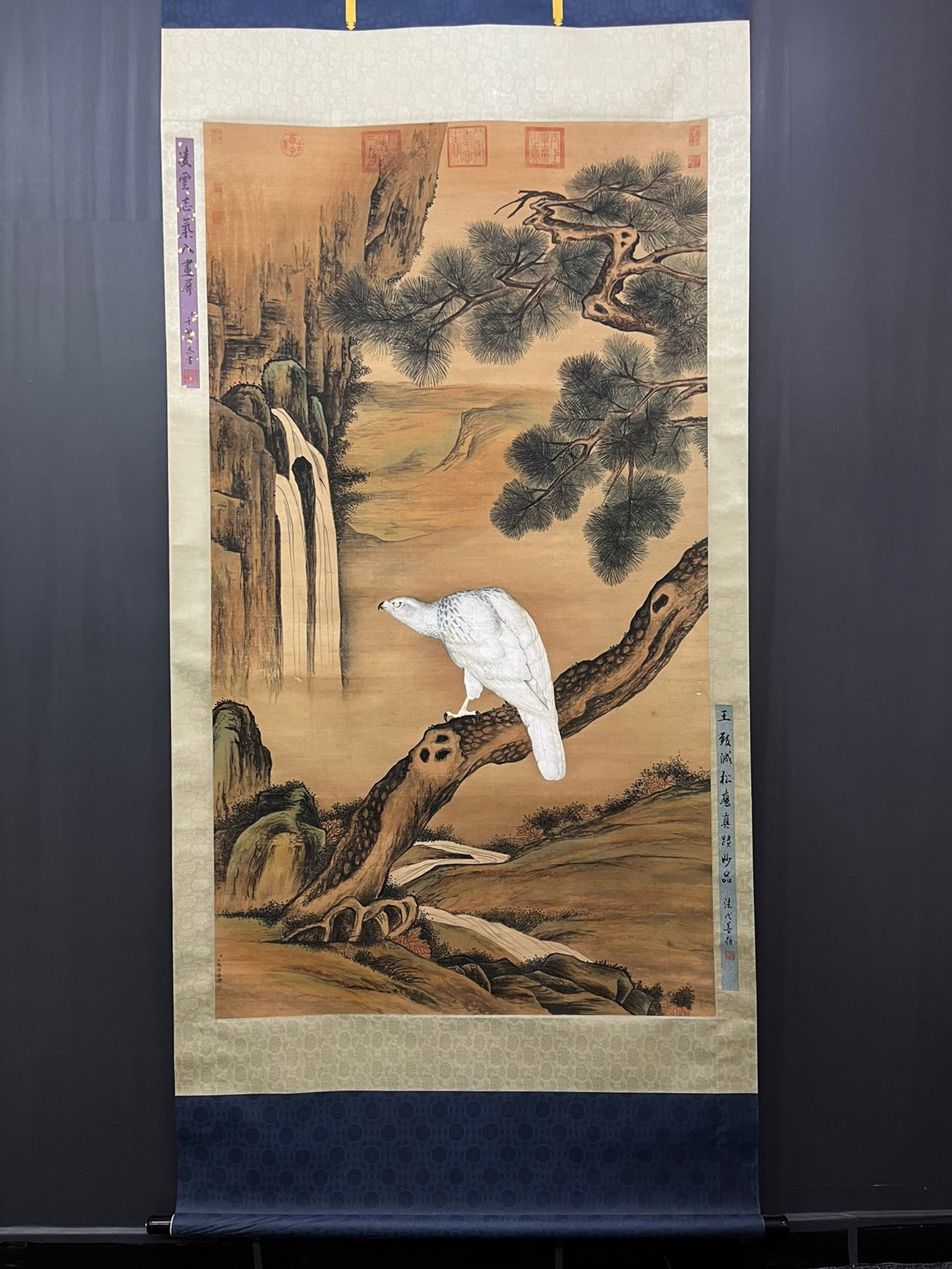 A Chinese Vertical Scroll Ink Painting of Pine and Eagle on Silk,Wang Zhicheng: A Chinese Vertical Scroll Ink Painting of Pine and Eagle on Silk,Wang Zhicheng,Size:38.6inx68.9in 一幅中国水墨绢本松鹰图立๘