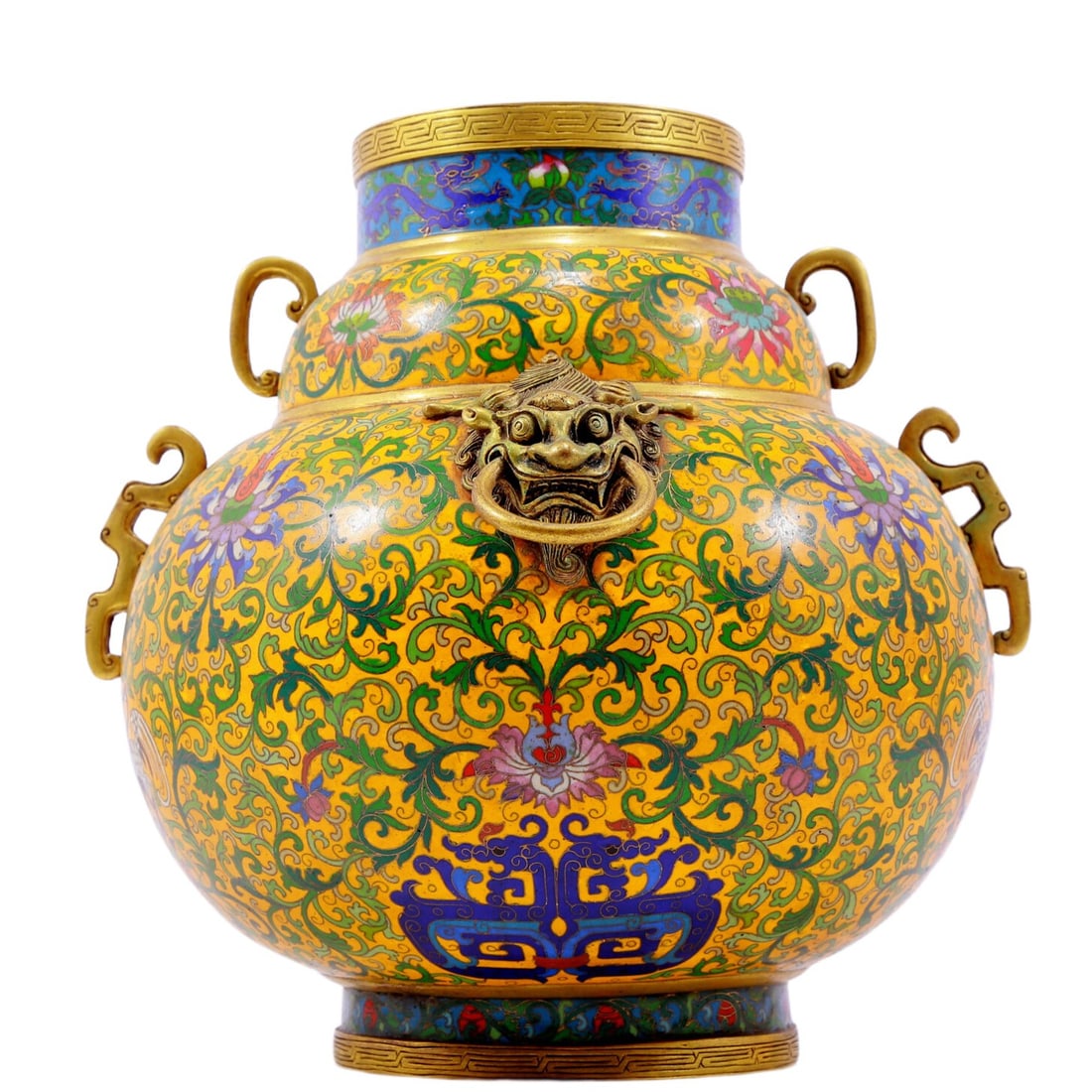A Magnificent Cloisonne 'Scrolling Lotus' Beast-Handled Jar (1 of 6)