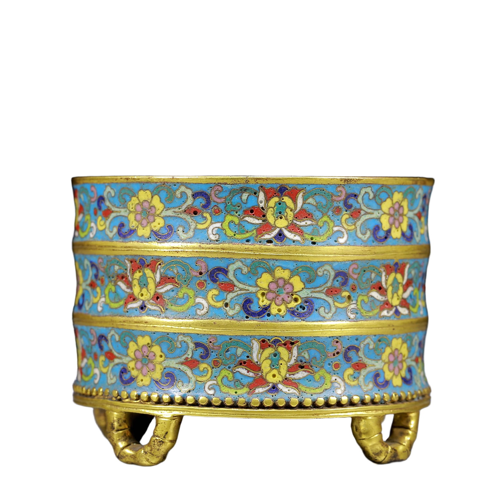 An Exquisite Cloisonne Flower Pattern Brush Pot: An Exquisite Cloisonne Flower Pattern Brush Pot,Qing Dynasty, China,Qianlong Four-character Mark,Size:4.5inx3.5in,Weight:1495g 景泰蓝花卉纹笔筒，&