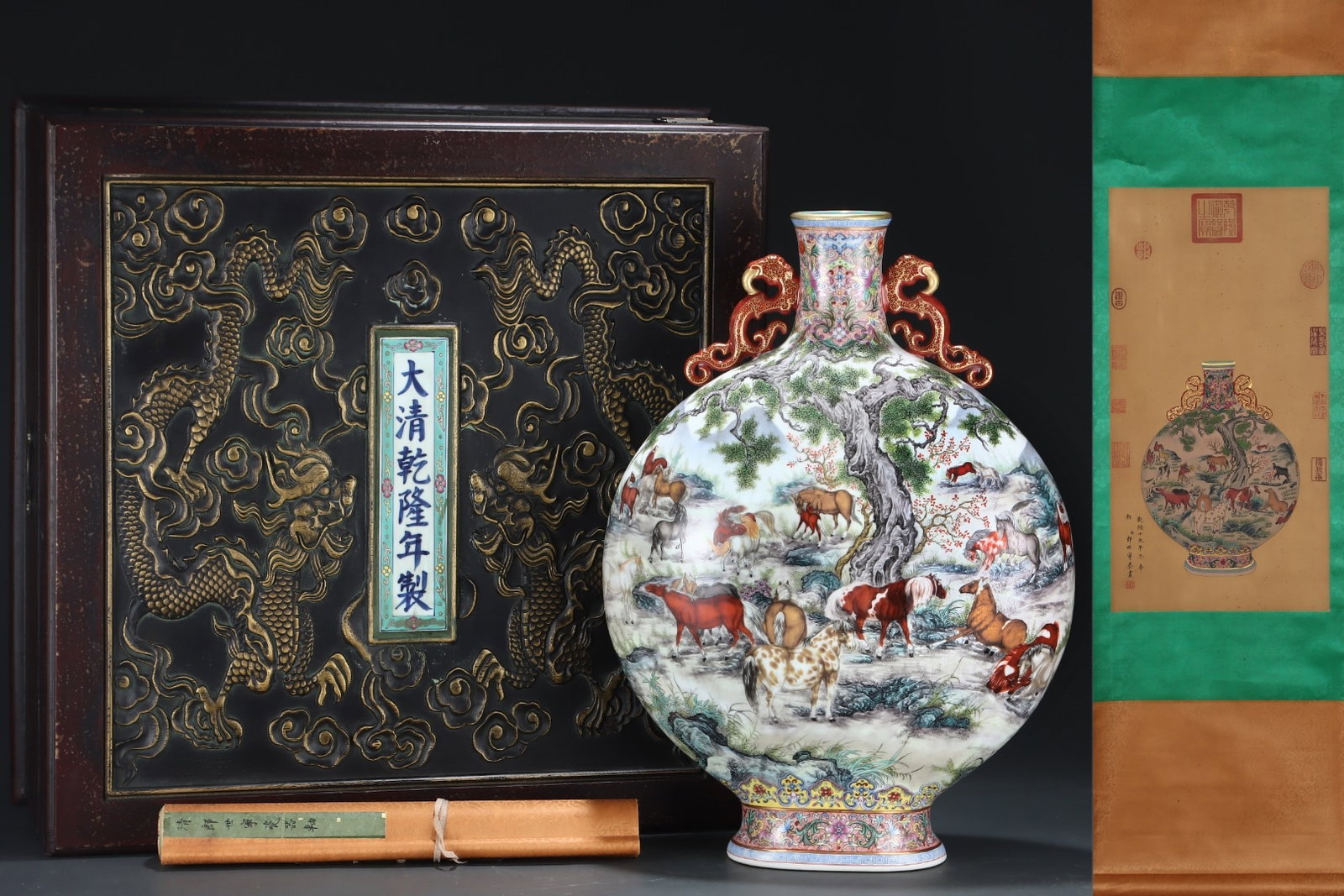 A Huge Enamel Painted Gold Landscape and Horse Pattern Dragon-Ears Vase,With Vertical Scroll: A Huge Enamel Painted Gold Landscape and Horse Pattern Dragon-Ears Vase,With Vertical Scroll Painting on Silk,Qing Dynasty, China,Qianlong Four-character Mark,Size:21.7inx15.9in,(Without frame)25.8inx