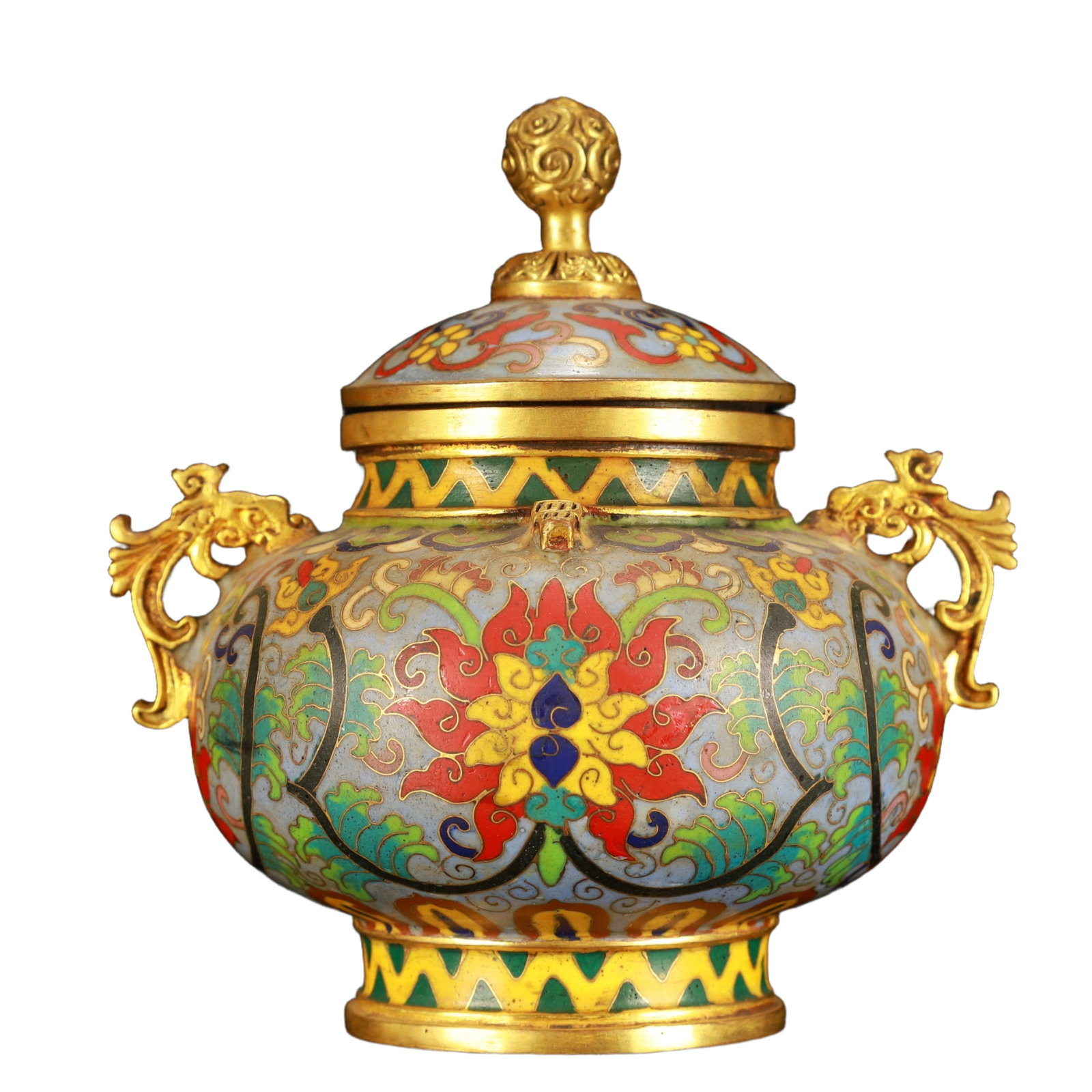 An Exquisite Cloisonne Lotus Pattern Double-Ears Jar with Cover: An Exquisite Cloisonne Lotus Pattern Double-Ears Jar with Cover,(A type of enamelware with metal wires separating colored glaze, originating in China),Qing Dynasty,China,Qianlong Six-character