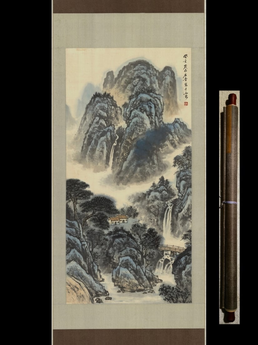 A Chinese Vertical Scroll Ink Painting of Landscape on Paper,Shi Lu: A Chinese Vertical Scroll Ink Painting of Landscape on Paper,Shi Lu,Size:(entirety)90.6inx32.7in,(Without frame)53.5inx26.8in
