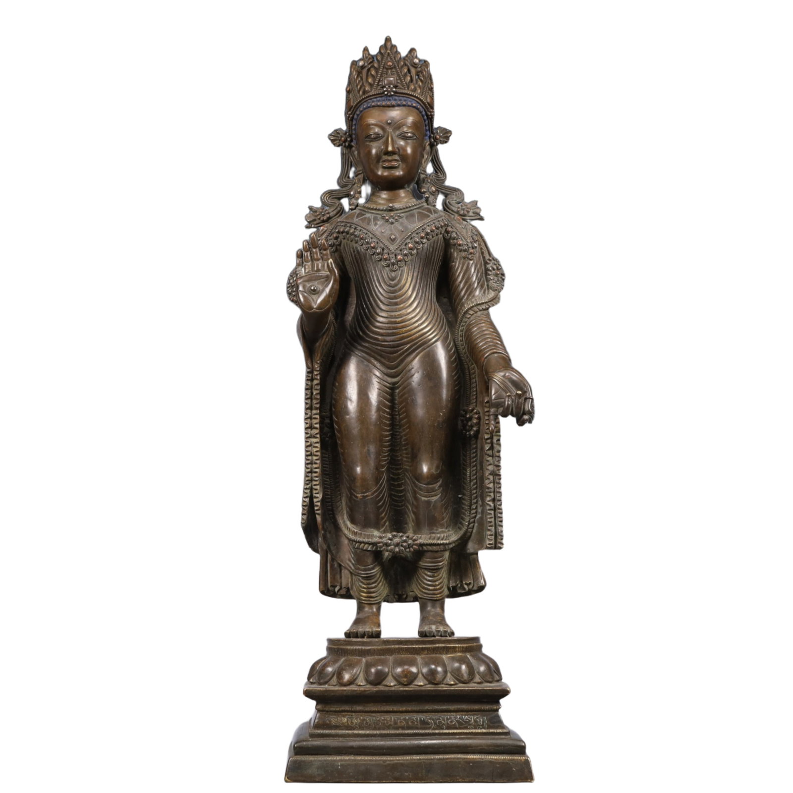 A Solemn Bronze Statue of Amitayus, Inlaid Gems, With Inscription: A Solemn Bronze Statue of Amitayus, Inlaid Gems, With Inscription, Ming Dynasty, China, Size:7.1inx4.3inx24in, Weight:11350g
