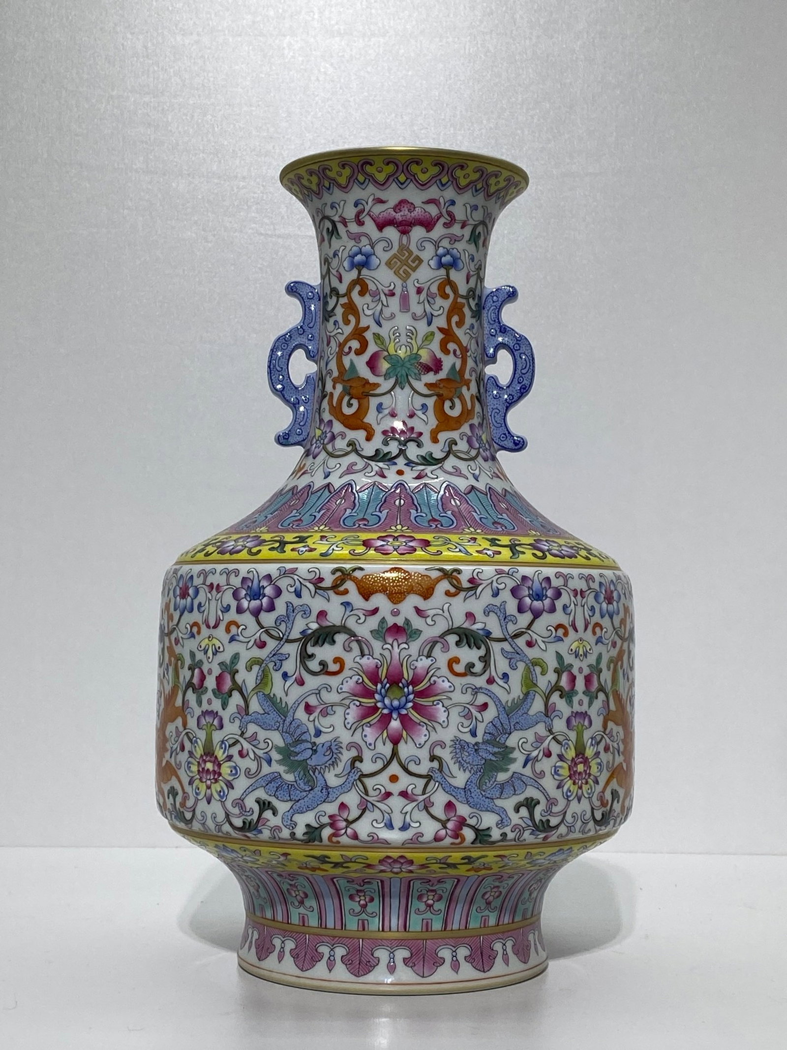 A Rare Famille-Rose Painted Gold Lotus and Dragon Pattern Double-Ears Vase (1 of 9)
