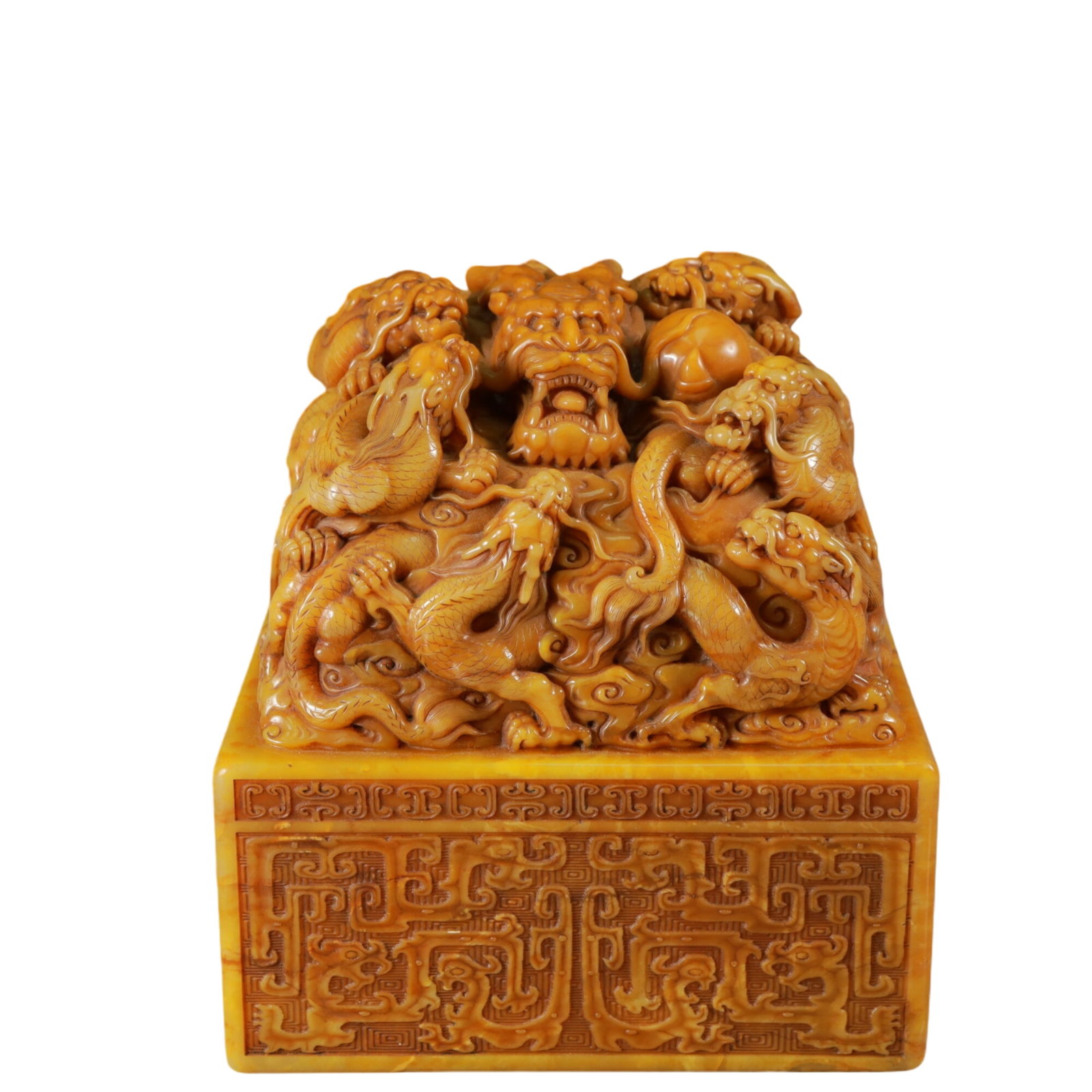 An Exquisite Shoushan Stone Dragon Pattern Seal: An Exquisite Shoushan Stone Dragon Pattern Seal,Qing Dynasty, China,Size:8.3inx8.5in,Weight:18650g 寿山石龙纹印章,中国清代