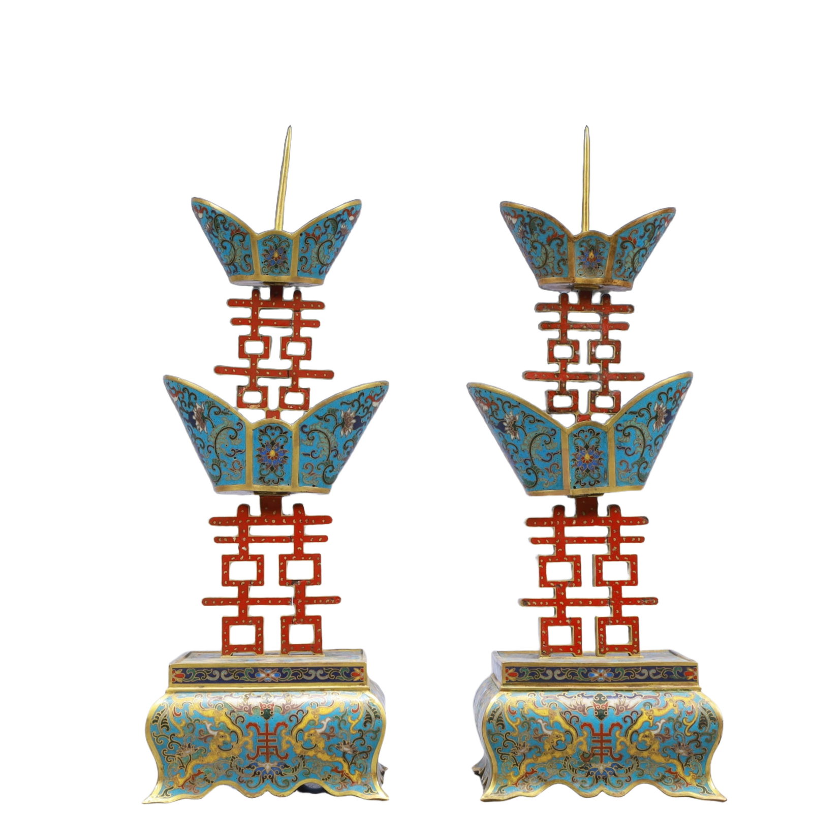 An Exquisite Cloisonne Lotus Pattern Xi-Character Candlesticks - 2