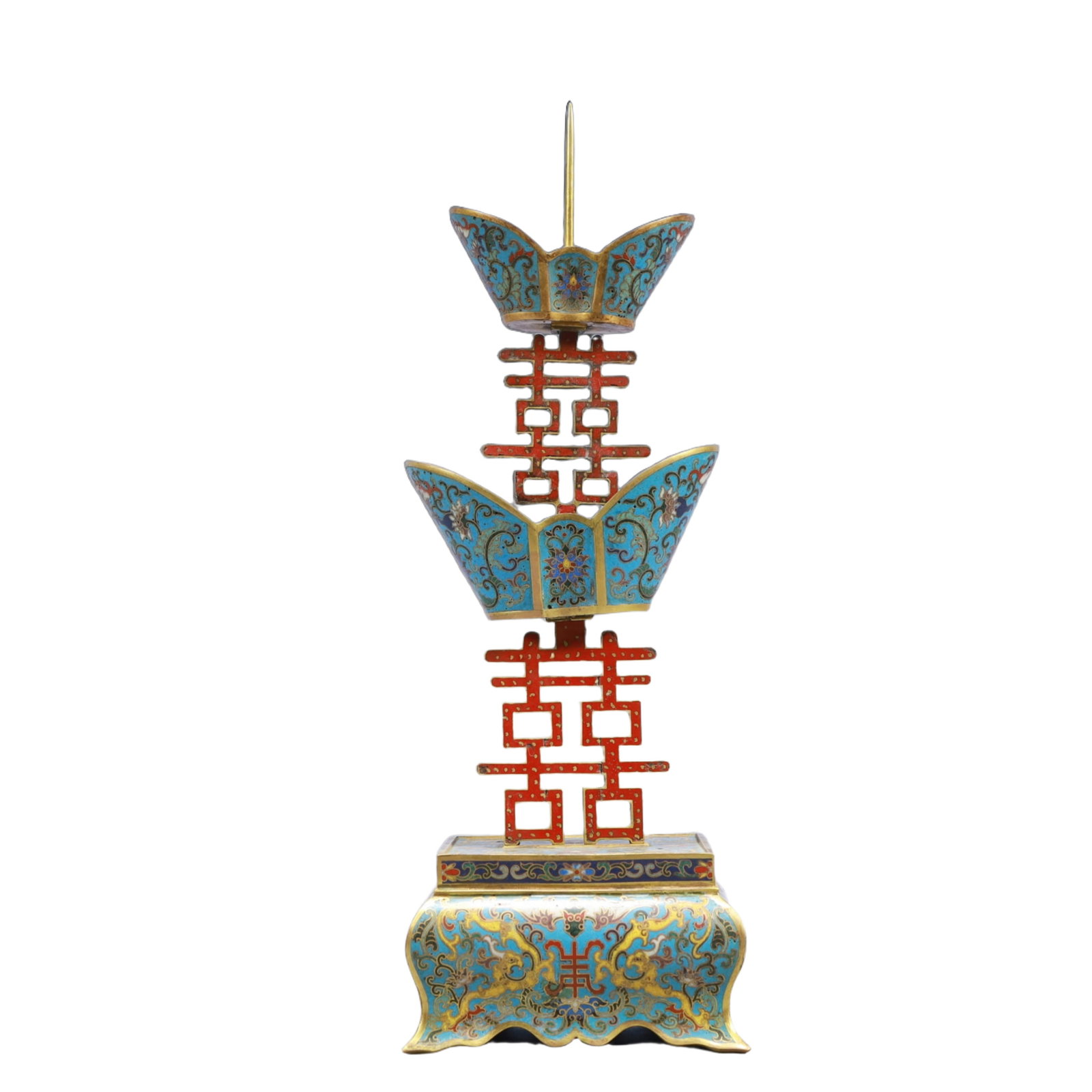 An Exquisite Cloisonne Lotus Pattern Xi-Character Candlesticks - 8
