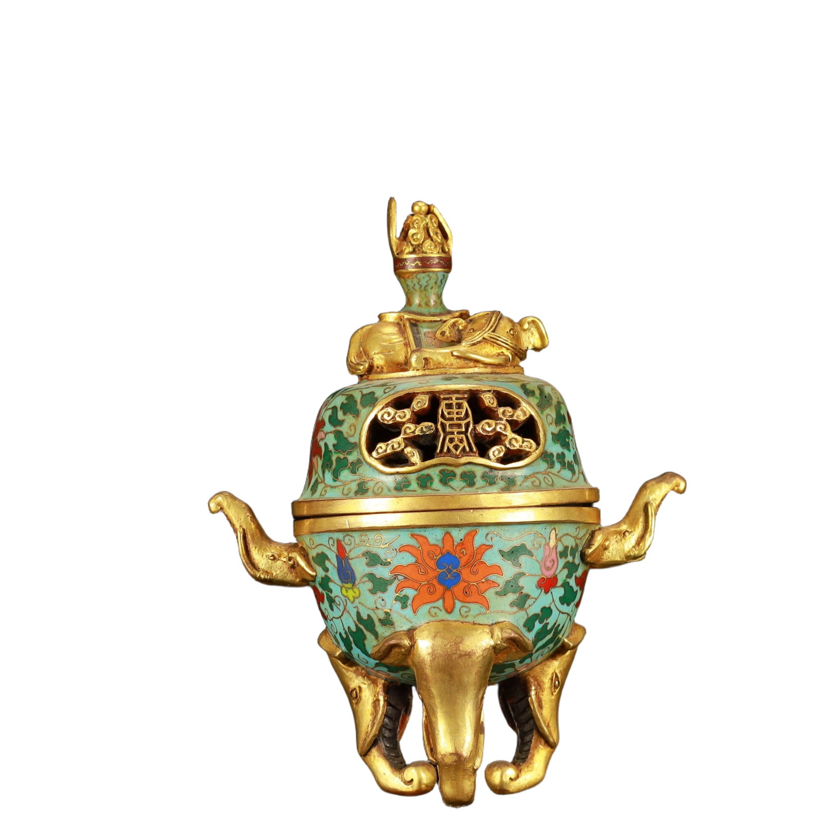 An Exquisite Cloisonne Lotus Pattern Elephant-Ears Tripod Censer: An Exquisite Cloisonne Lotus Pattern Elephant-Ears Tripod Censer,(A type of enamelware with metal wires separating colored glaze, originating in China),Qing Dynasty,China,Qianlong Six-character Mark,S