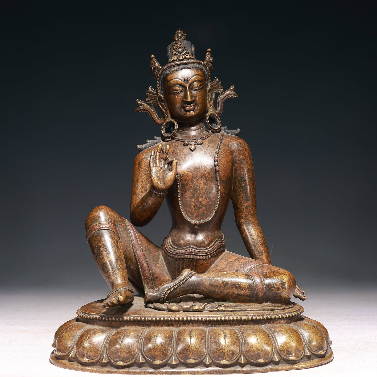 A Solemn Bronze Inlaid Silver Statue of Tara,With Inscription: A Solemn Bronze Inlaid Silver Statue of Tara,With Inscription,Qing Dynasty, China,Size:12.2inx11inx16.5in,Weight:8950g