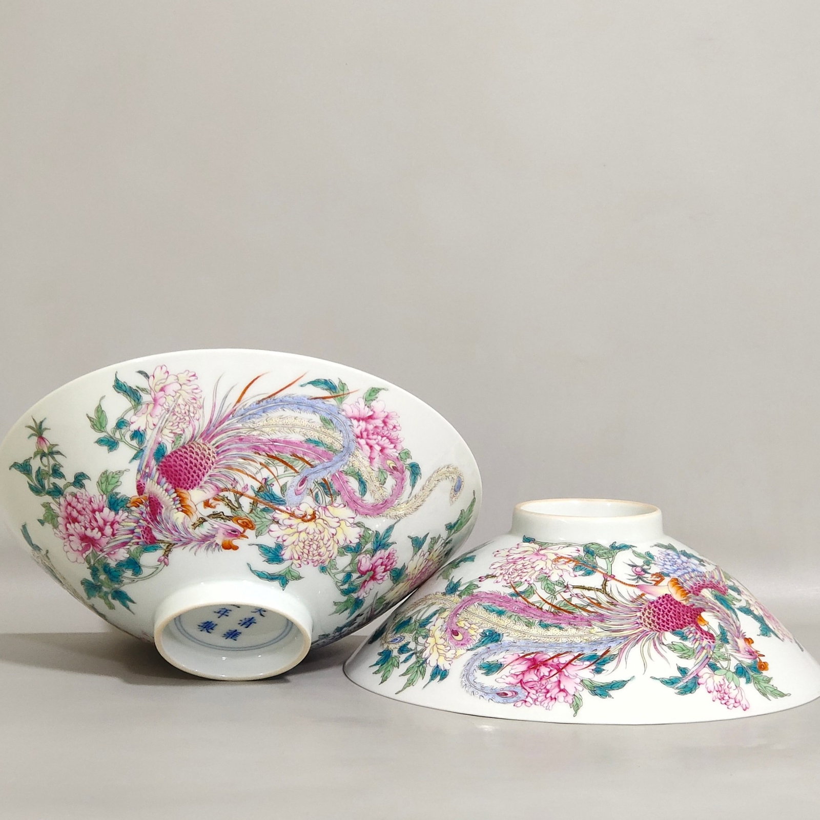 A Pair of Exquisite Famille-Rose Peony and Phoenix Pattern Bowls: A Pair of Exquisite Famille-Rose Peony and Phoenix Pattern Bowls,Qing Dynasty,China,Yongzheng Six-character Mark,Size:2.2inx6.5in