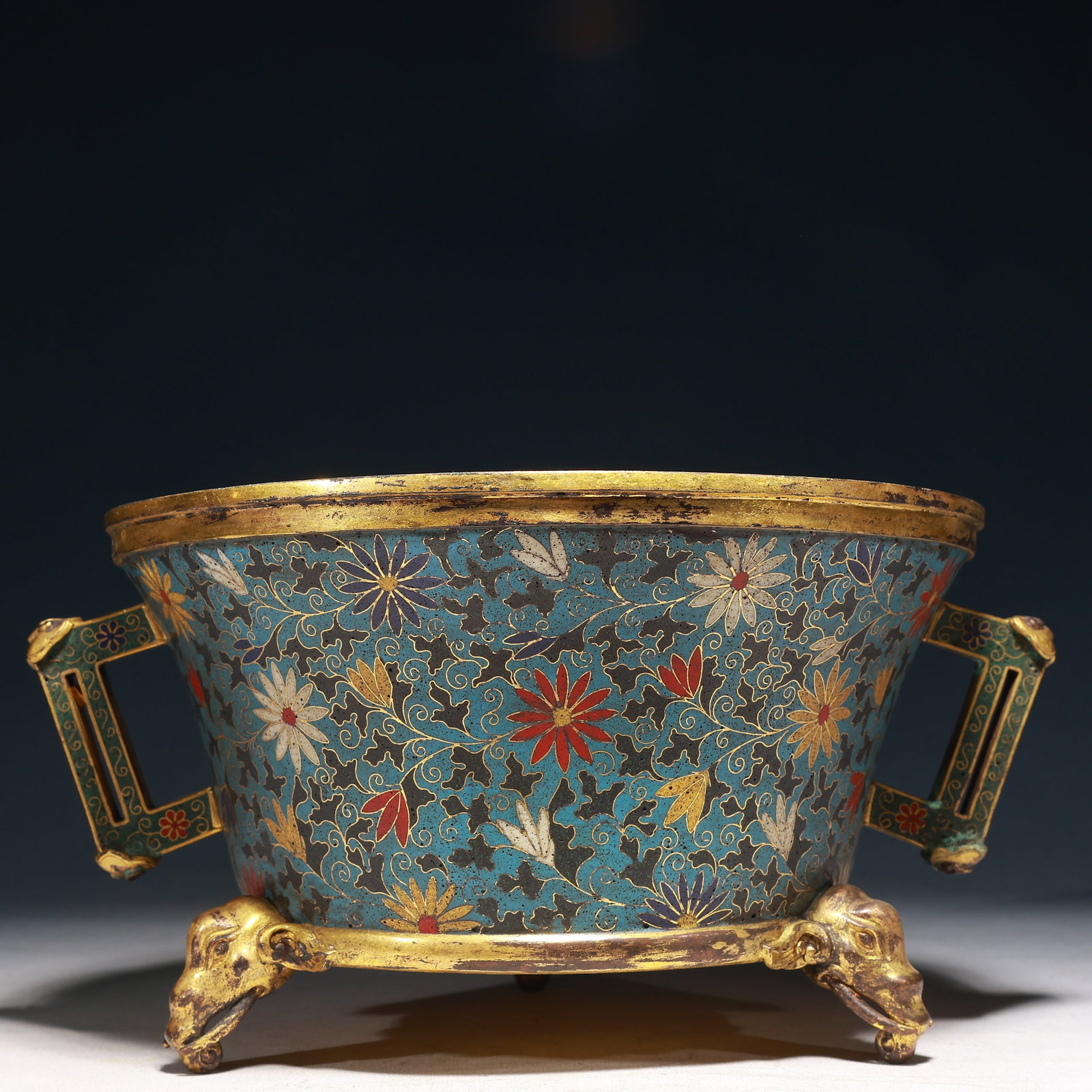 A Rare Cloisonne Flower Pattern Double-Ears and Tripod Censer: A Rare Cloisonne Flower Pattern Double-Ears and Tripod Censer,Ming Dynasty,China,Jingtai Six-character Mark,Size:11.8inx10.2inx6.3in,Weight:2500g
