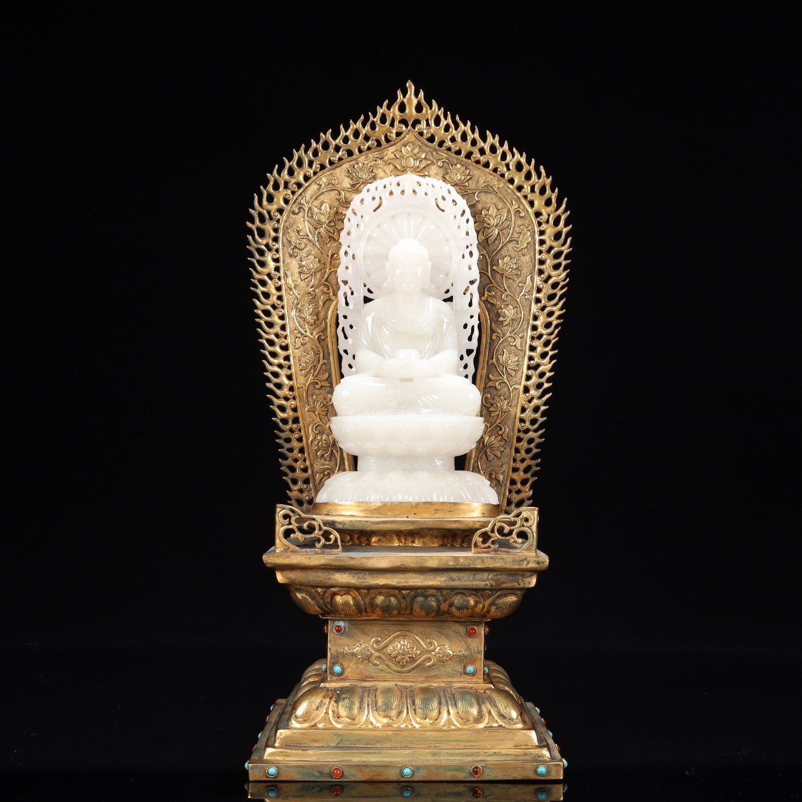 An Exquisite White Jade Statue of Sakyamuni,With Gilt Bronze Base,Inlaid Gems: An Exquisite White Jade Statue of Sakyamuni,With Gilt Bronze Base,Inlaid Gems,Qing Dynasty, China,Size:3.9inx3.1inx7.5in,(Base)5.9inx14.6in,Weight:2850g