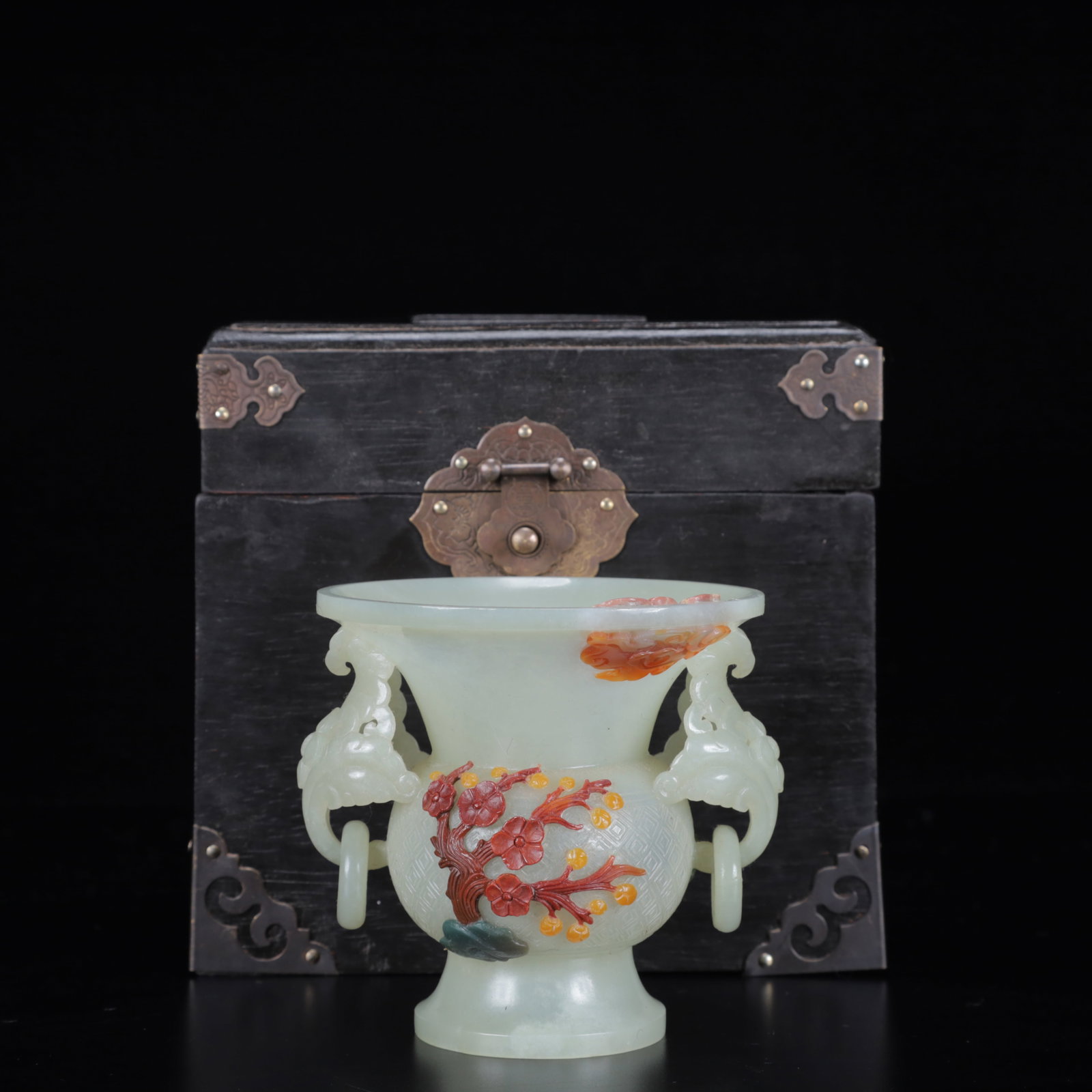 An Exquisite White Jade Flower Pattern Double-Ears Cup: An Exquisite White Jade Flower Pattern Double-Ears Cup,Qing Dynasty,China,Size:(Cup)3.7inx3.7in,(Box)6.3inx6.3in,Weight:196g