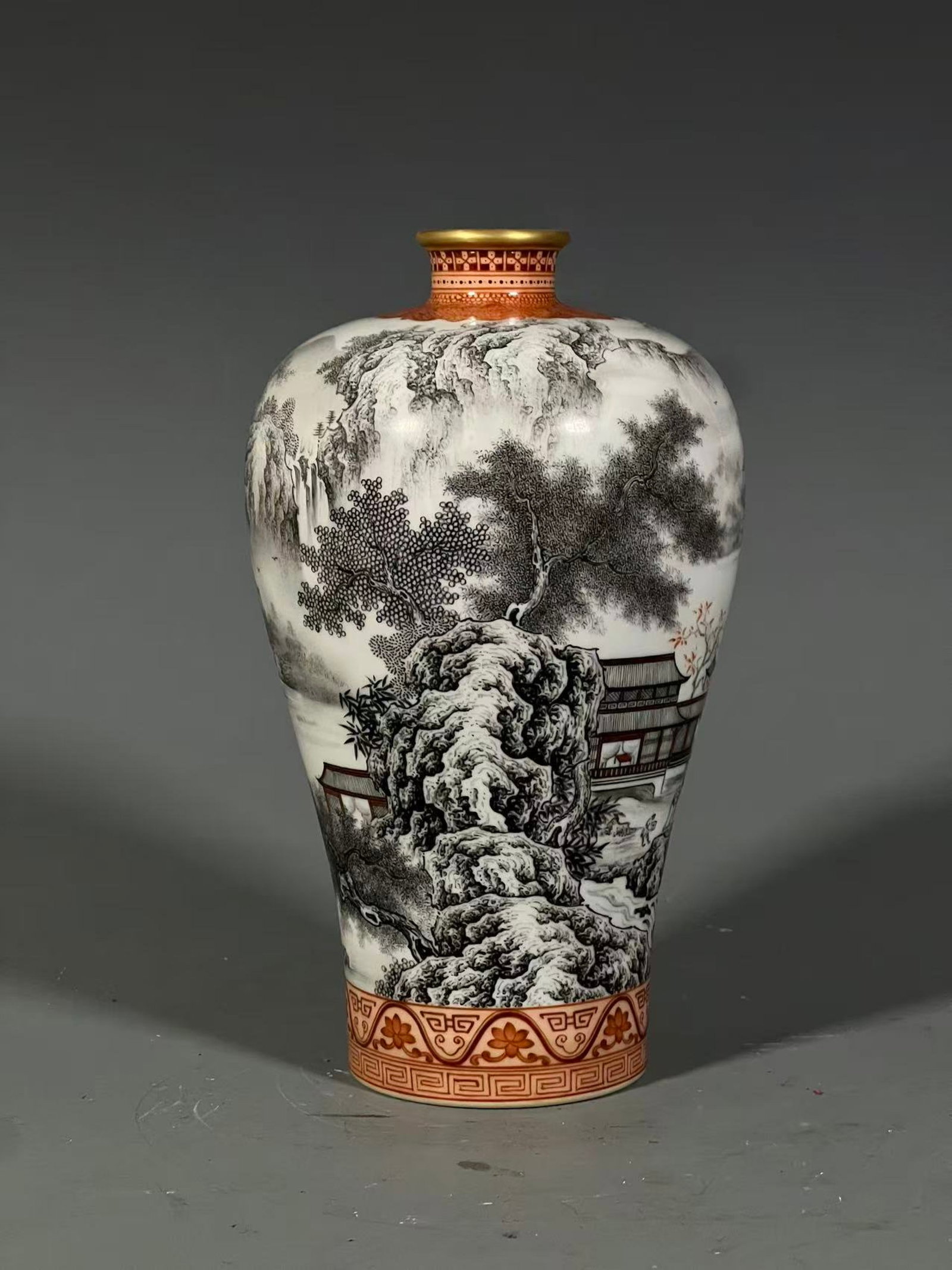 An Exquisite Ink Color Painted Gold Landscape and Figure Pattern Vase,With Poem: An Exquisite Ink Color Painted Gold Landscape and Figure Pattern Vase,With Poem,Qing Dynasty,China,Yongzheng Six-character Mark,Size:7.9inx1.3inx2.8in 墨彩描金山水&