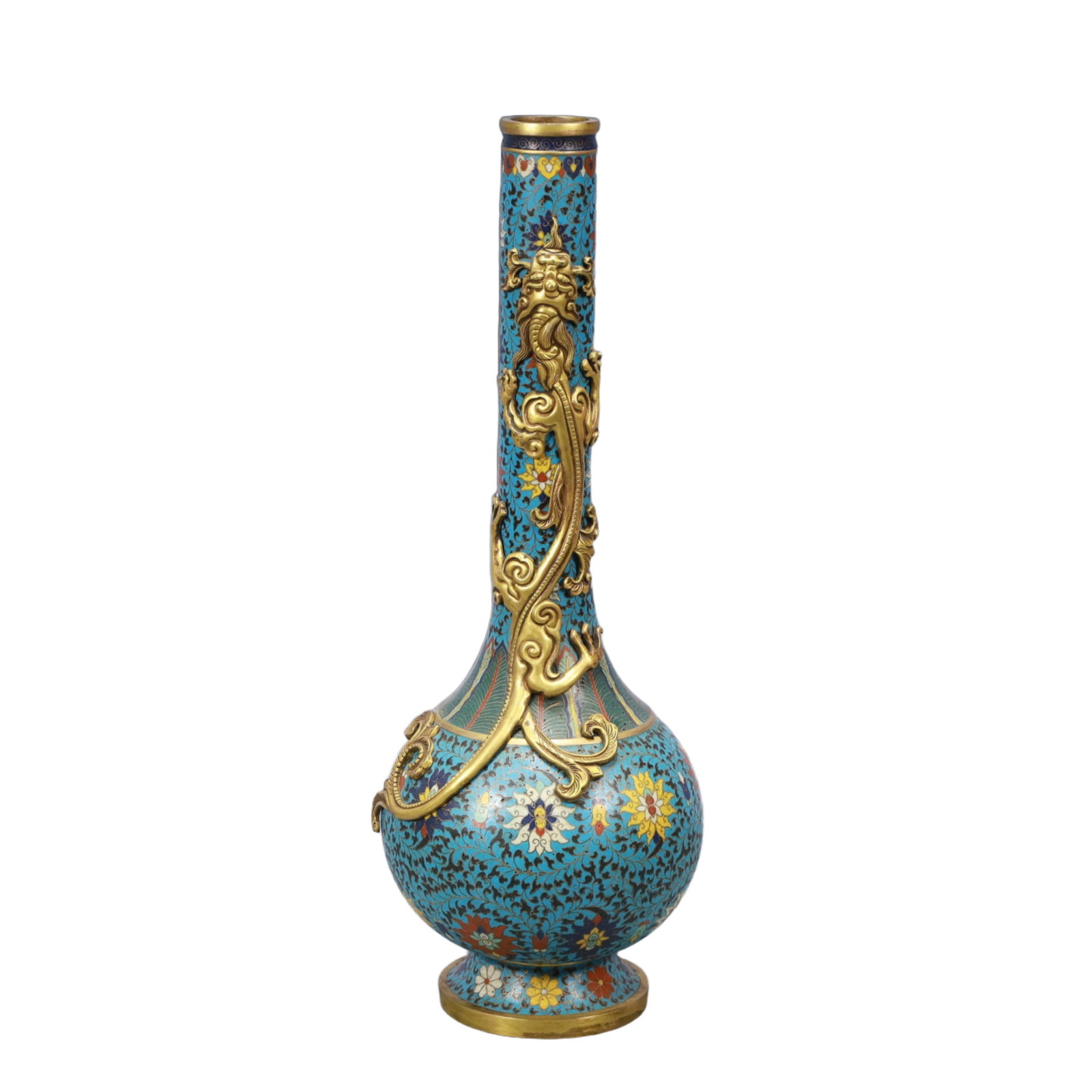 A Huge Cloisonne Lotus and Dragon Pattern Vase: A Huge Cloisonne Lotus and Dragon Pattern Vase,Qing Dynasty, China,Kangxi Four-character Mark,Size:6.3inx18.5in,Weight:2550g 景泰蓝缠枝莲龙纹瓶,&#