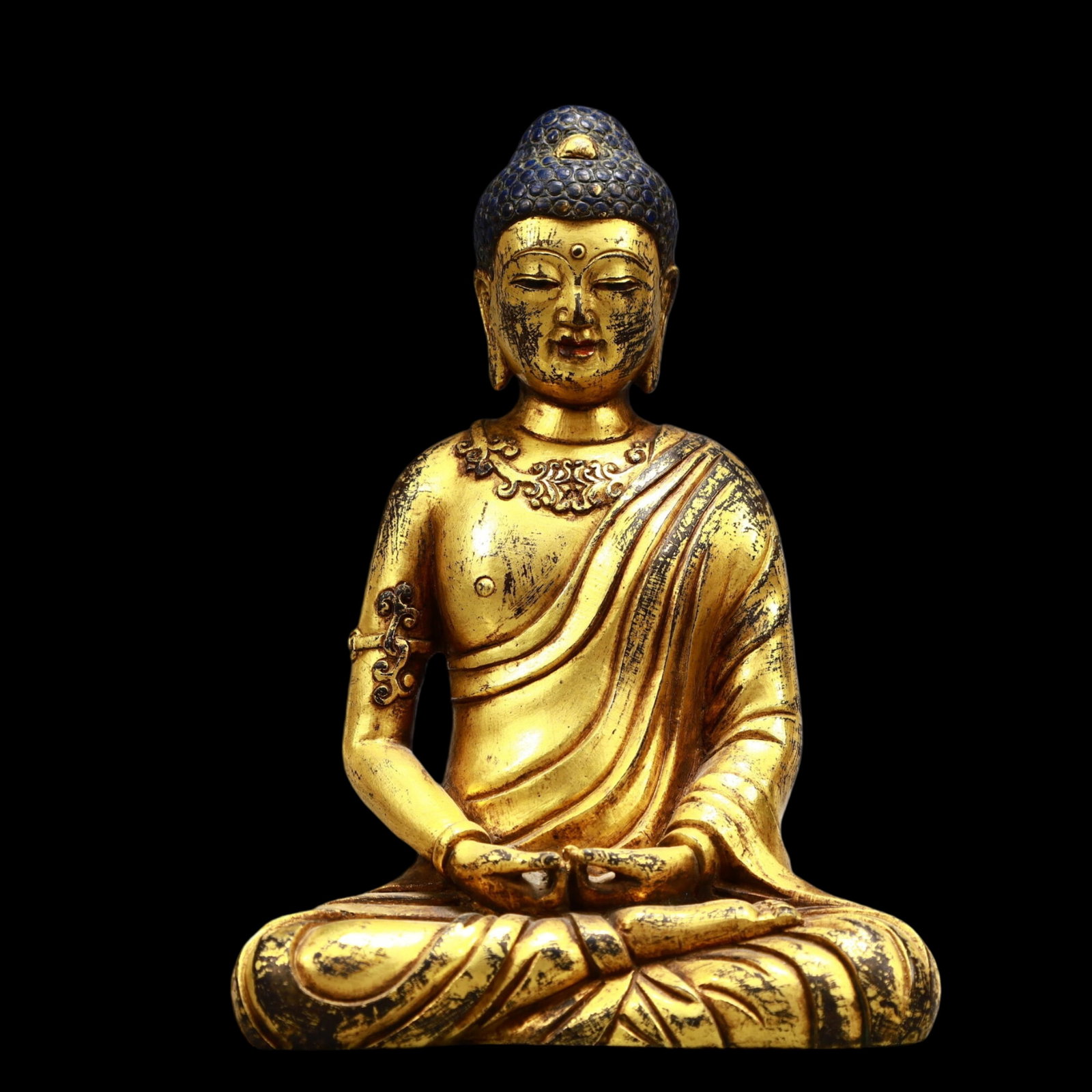 A Solemn Gilt Bronze Statue of Sakyamuni: A Solemn Gilt Bronze Statue of Sakyamuni,Qing Dynasty, China,Size:5.1inx2.8inx7.3in,Weight:1650g 铜鎏金释迦摩尼像,中国清代