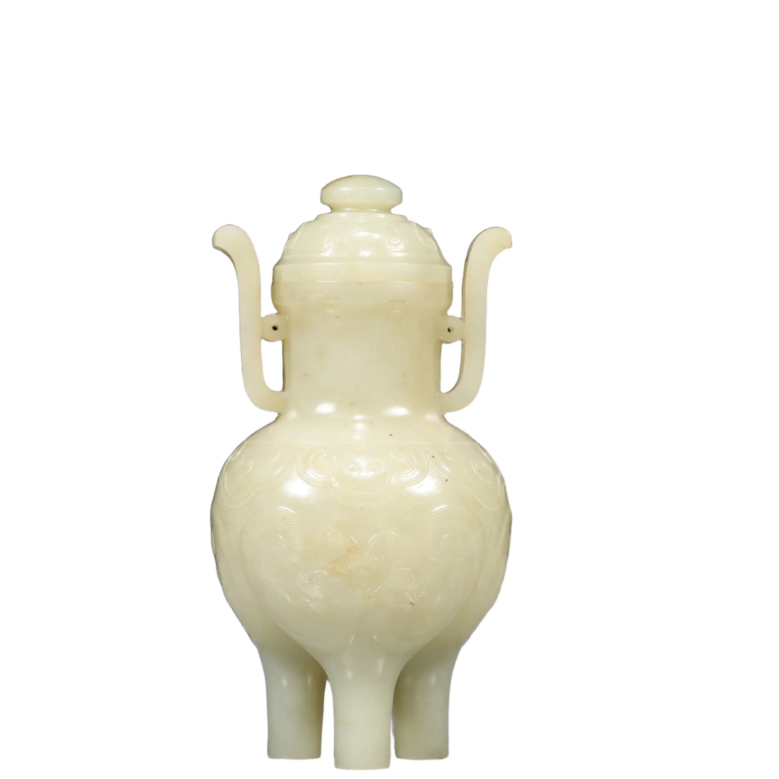 An Exquisite White Jade Dragon Pattern Double-Ears and Tripod Censer: An Exquisite White Jade Dragon Pattern Double-Ears and Tripod Censer,Qing Dynasty, China,Size:3.1inx6.7in,Weight:450g