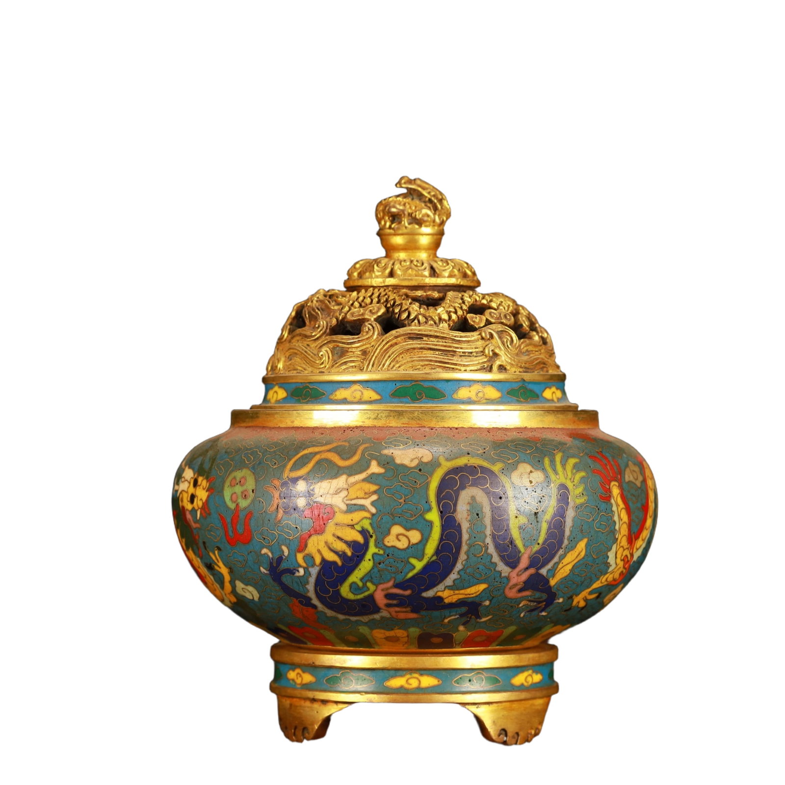 An Exquisite Cloisonne Dragon Pattern Tripod Censer: An Exquisite Cloisonne Dragon Pattern Tripod Censer,(A type of enamelware with metal wires separating colored glaze, originating in China),Qing Dynasty,China,Qianlong Six-character Mark,Size:5.1inx5.1