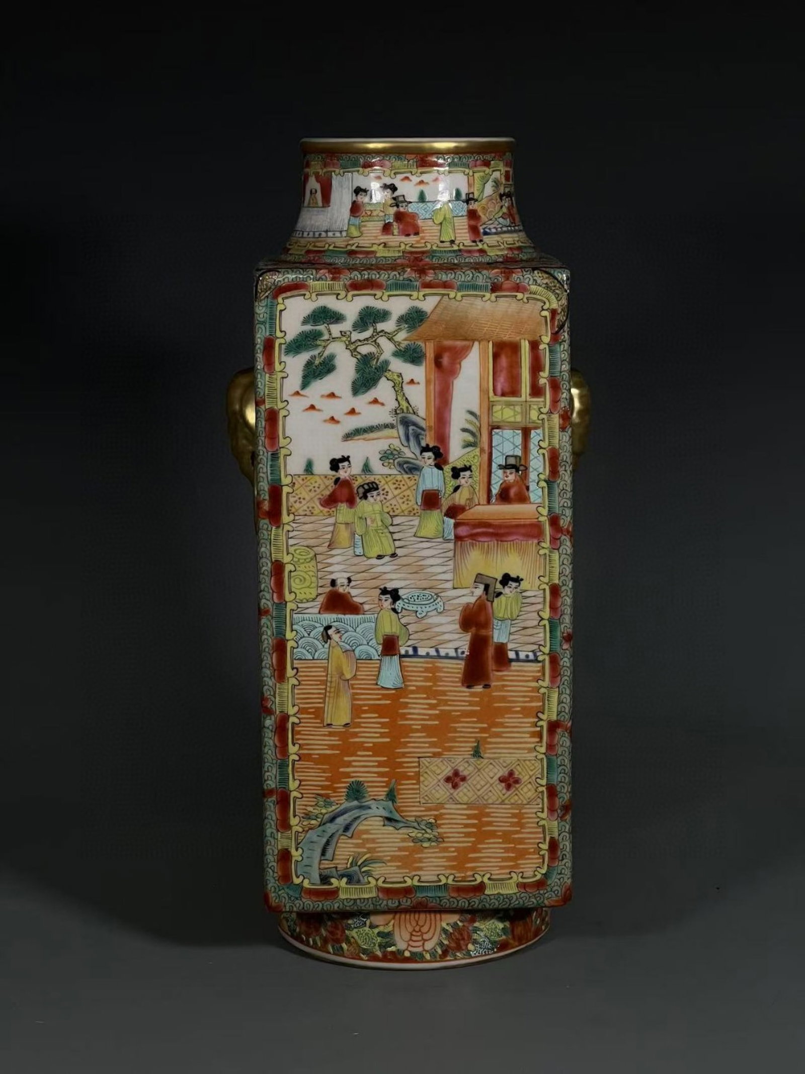 An Exquisite Famille-Rose Painted Gold Figure,Flower and Bird Pattern Elephant-Ears Vase: An Exquisite Famille-Rose Painted Gold Figure,Flower and Bird Pattern Elephant-Ears Vase,Qing Dynasty,China,Size:14.4inx3.9inx4.9in 粉彩描金人物花鸟 