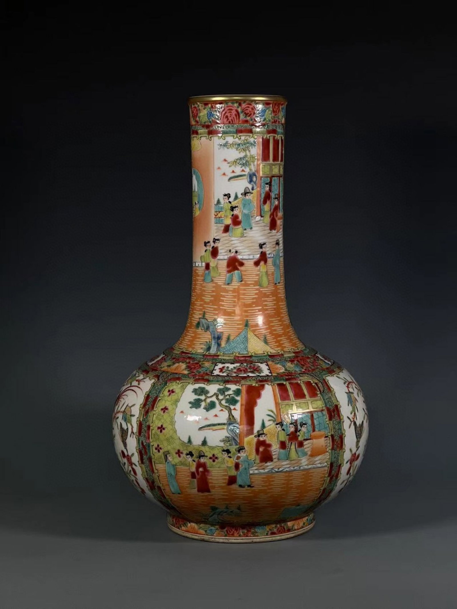 An Exquisite Famille-Rose Painted Gold Figure,Flower and Bird Pattern Vase: An Exquisite Famille-Rose Painted Gold Figure,Flower and Bird Pattern Vase,Qing Dynasty,China,Size:17.7inx4inx6.1in