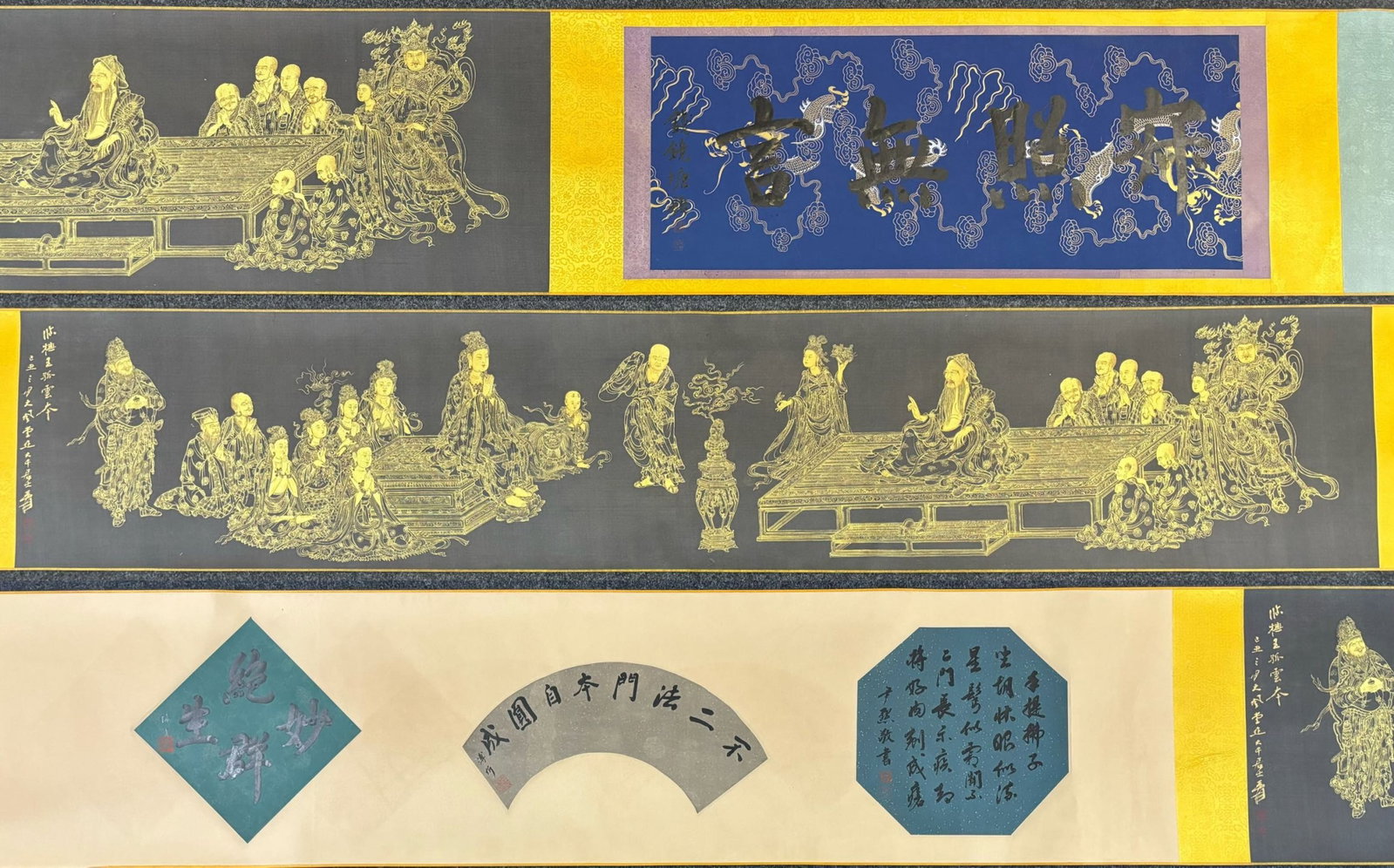 A Chinese Hand Scroll Ink Painting of Buddha Statue on Silk,Zhang Daqian: A Chinese Hand Scroll Ink Painting of Buddha Statue on Silk,Zhang Daqian,Size:(Without frame)78.3inx15in,(Entirety)265.7inx15in 一幅中国水墨绢本佛