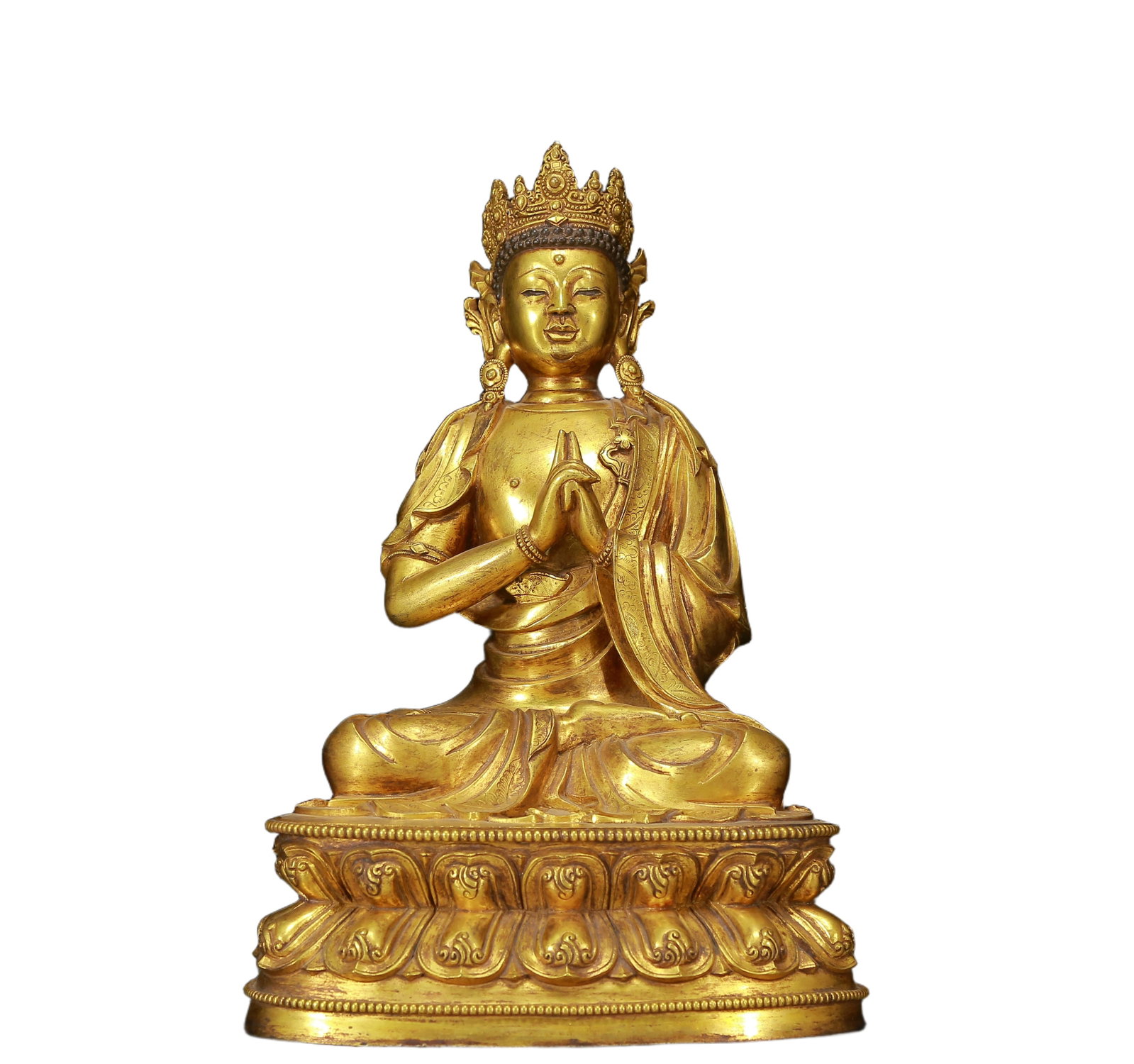 A Solemn Gilt Bronze Statue of Sakyamuni: A Solemn Gilt Bronze Statue of Sakyamuni,Qing Dynasty, China,Size:7.9inx6.7inx13in,Weight:7975g 铜鎏金大日如来像，清代