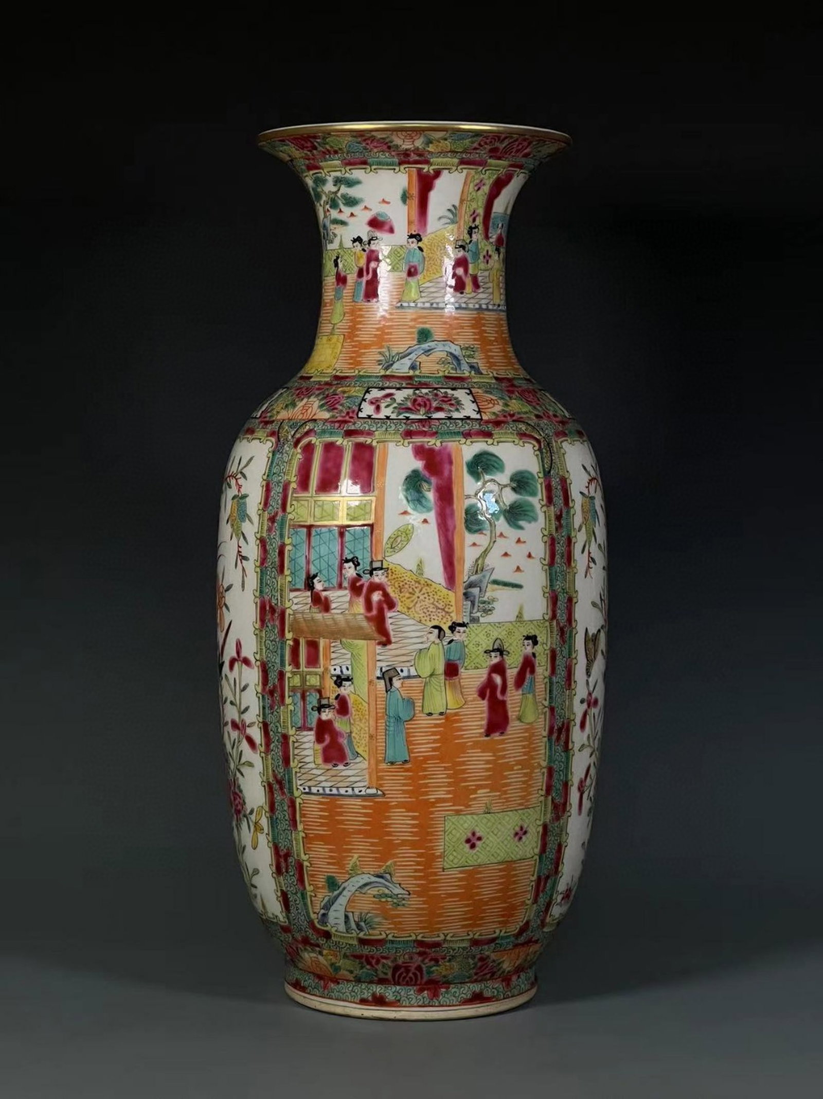 An Exquisite Famille-Rose Painted Gold Figure,Flower and Bird Pattern Vase: An Exquisite Famille-Rose Painted Gold Figure,Flower and Bird Pattern Vase,Qing Dynasty,China,Size:18.9inx6.9inx5.6in 粉彩描金人物花鸟纹瓶,&
