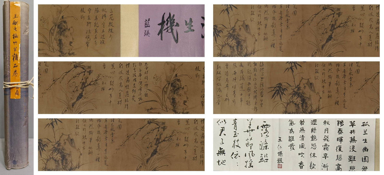 A Chinese Hand Scroll Ink Painting of Flowe on Paper: A Chinese Hand Scroll Ink Painting of Flowe on Paper,Size:86.6inx13.4in.中国水墨花卉画手卷,王献之,