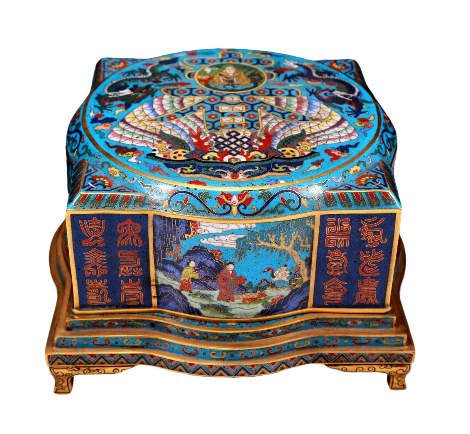 An Elaborate Cloisonne 'Figure& Landscape' Box: An Elaborate Cloisonne 'Figure& Landscape' Box. Enameled with polychrome figures, all reserved on a sky-blue ground. Chinese Qing Dynasty. Qianlong Four-Character Mark. Size:8.3inx5.5in. Weight:3640g 