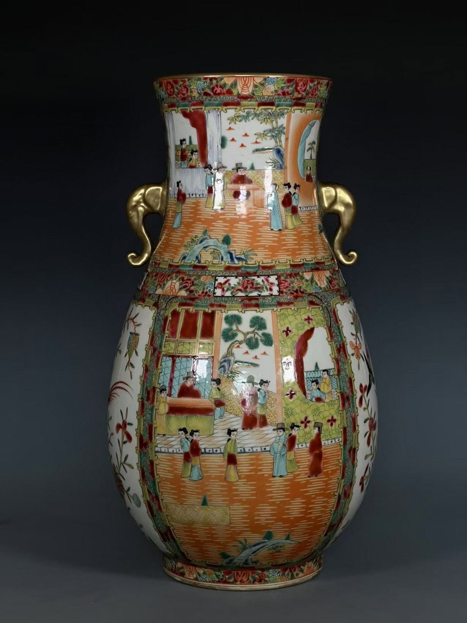 An Exquisite Famille-Rose Painted Gold Figure,Flower and Bird Pattern Elephant-Ears Vase (1 of 8)
