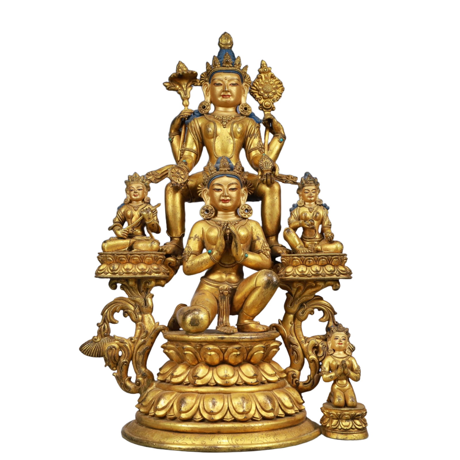 A Solemn Gilt Bronze Statue of Avalokitesvara, Inlaid Gems: A Solemn Gilt Bronze Statue of Avalokitesvara, Inlaid Gems, Ming Dynasty, China, Size:12inx7.5inx17.1in, Weight:9400g