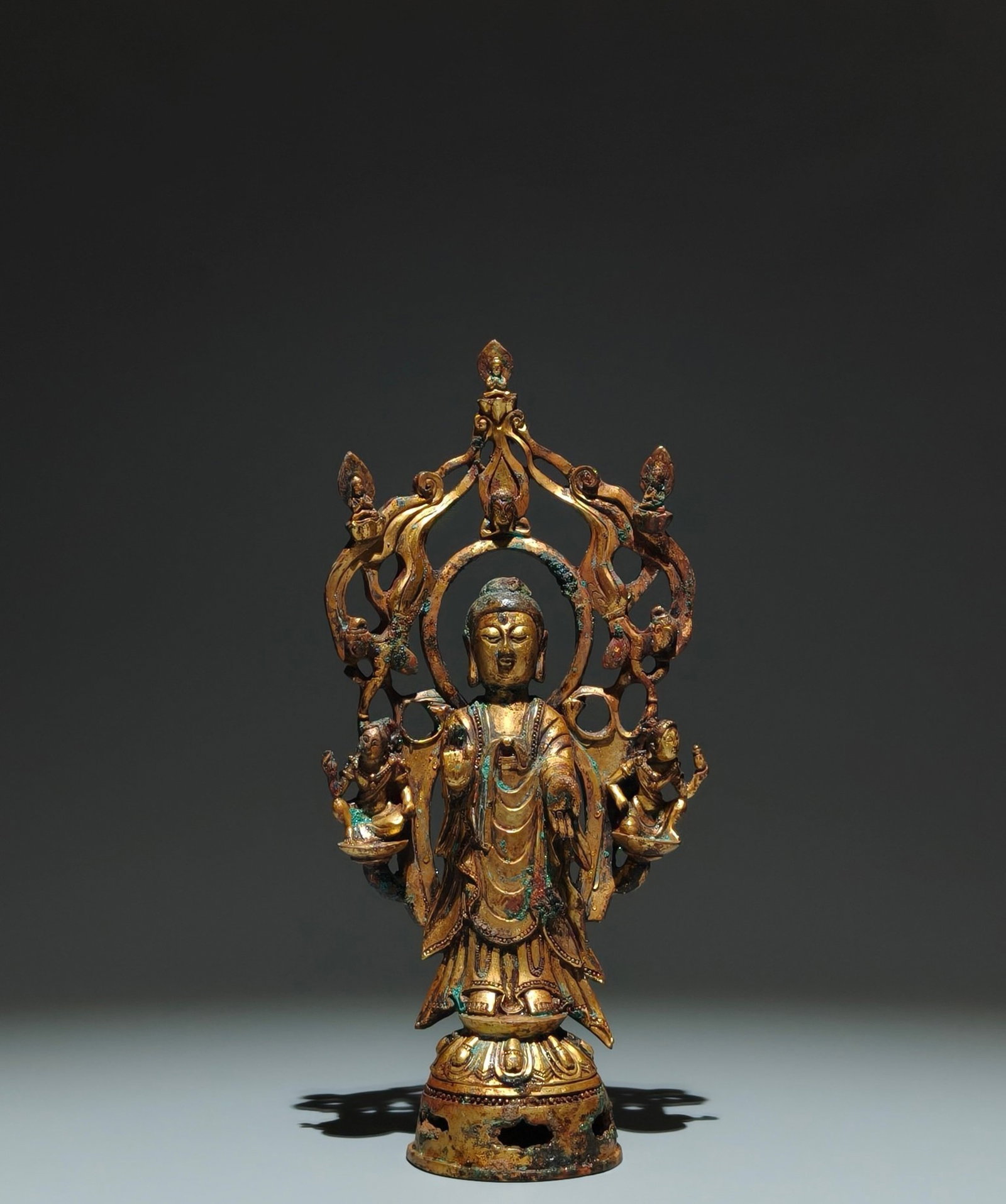 A Solemn Gilt Bronze Statue of Sakyamuni: A Solemn Gilt Bronze Statue of Sakyamuni,Tang Dynasty,China,Size:8.9inx4.1inx2.2in 铜鎏金释迦摩尼像,中国唐代
