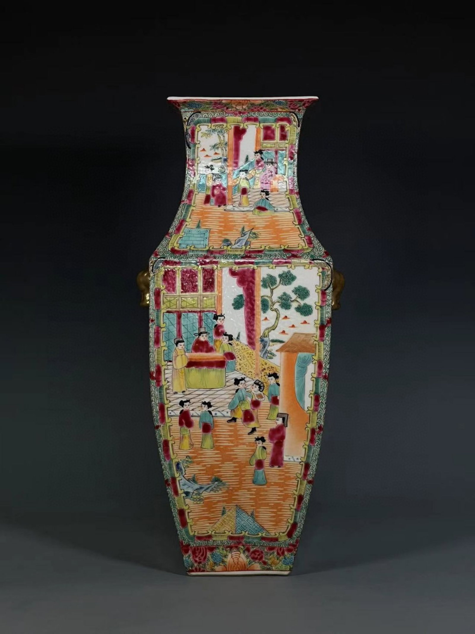 An Exquisite Famille-Rose Painted Gold Figure,Flower and Bird Pattern Beast-Ears Vase: An Exquisite Famille-Rose Painted Gold Figure,Flower and Bird Pattern Beast-Ears Vase,Qing Dynasty,China,Size:16.9inx5.2inx3.7in