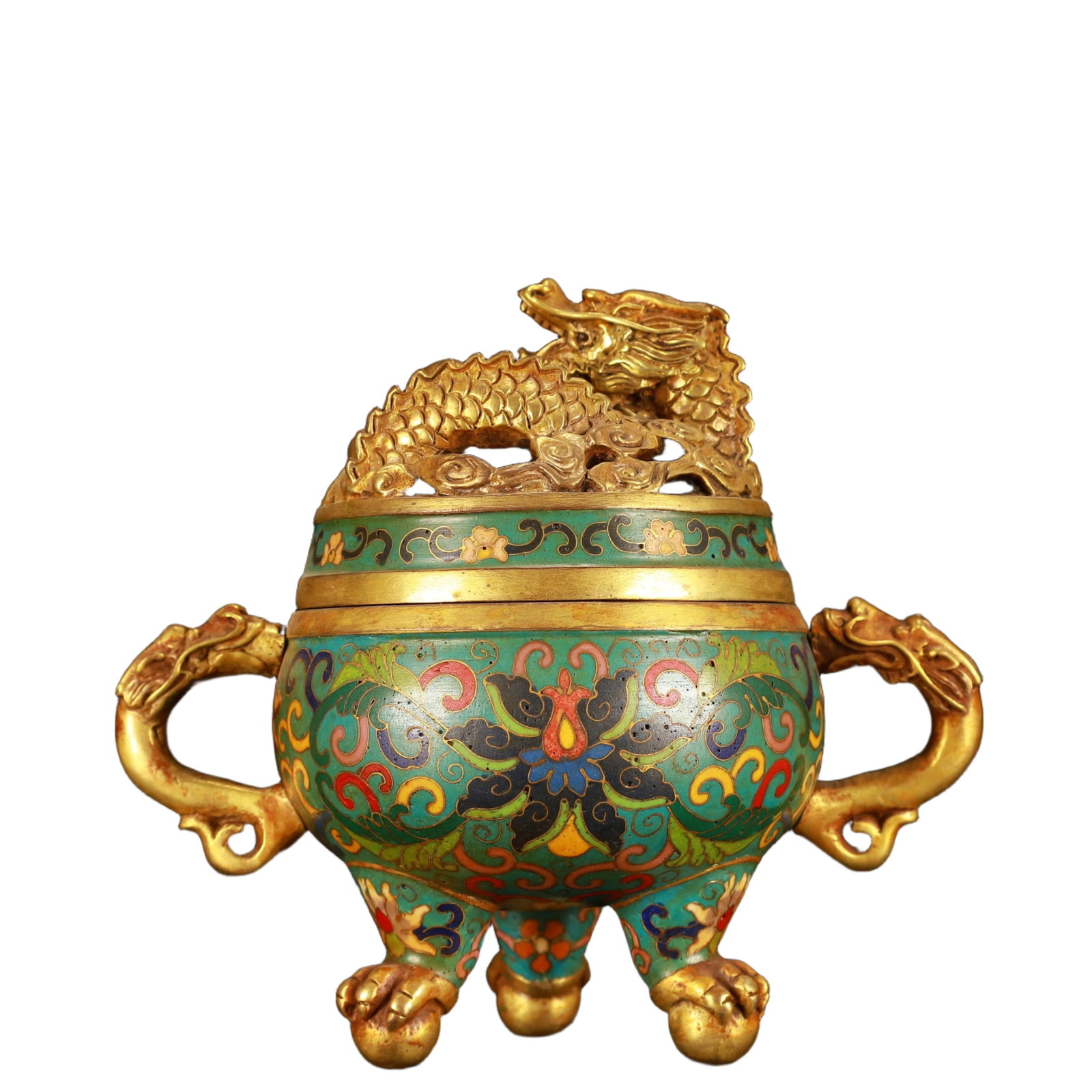 An Exquisite Cloisonne Lotus Pattern Dragon-Ears Censer: An Exquisite Cloisonne Lotus Pattern Dragon-Ears Censer,(A type of enamelware with metal wires separating colored glaze, originating in China),Qing Dynasty,China,Kangxi Six-character Mark,Size:6.3inx4