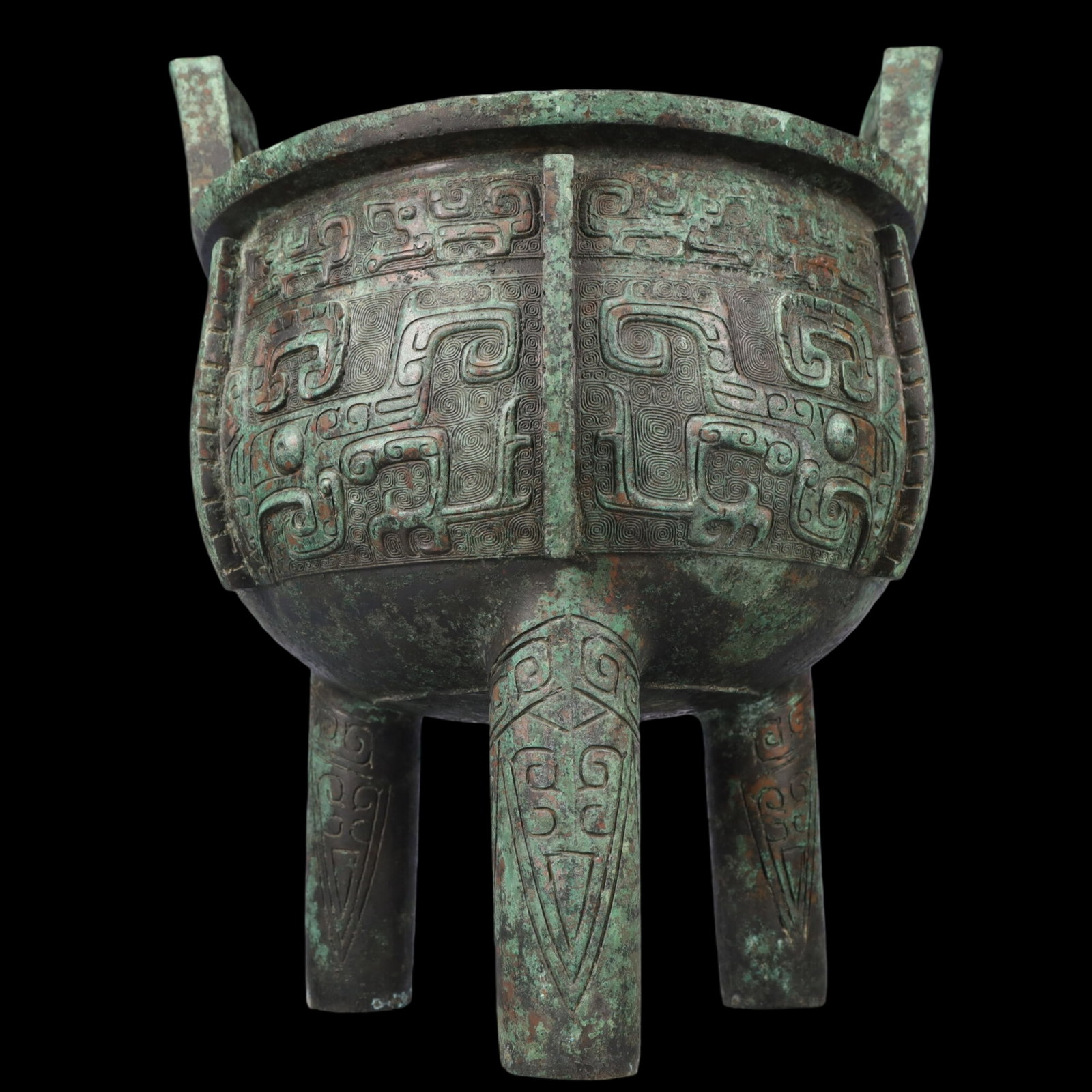 A Rare Bronze Beast-Face Pattern Double-Ears and Tripod Censer,With Inscription: A Rare Bronze Beast-Face Pattern Double-Ears and Tripod Censer,With Inscription,Ancient Time, China,Size:13inx44.5ccm ;Weight:11.85kg 青铜兽面纹双耳三&#
