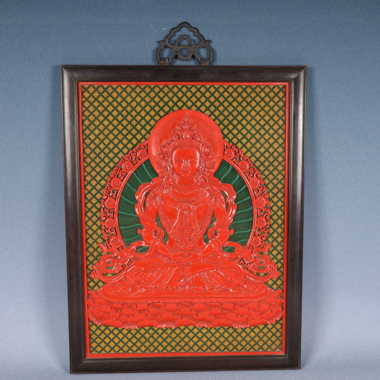 A Huge Carved Red Lacquer Buddha Pattern Hanging Panel (1 of 5)