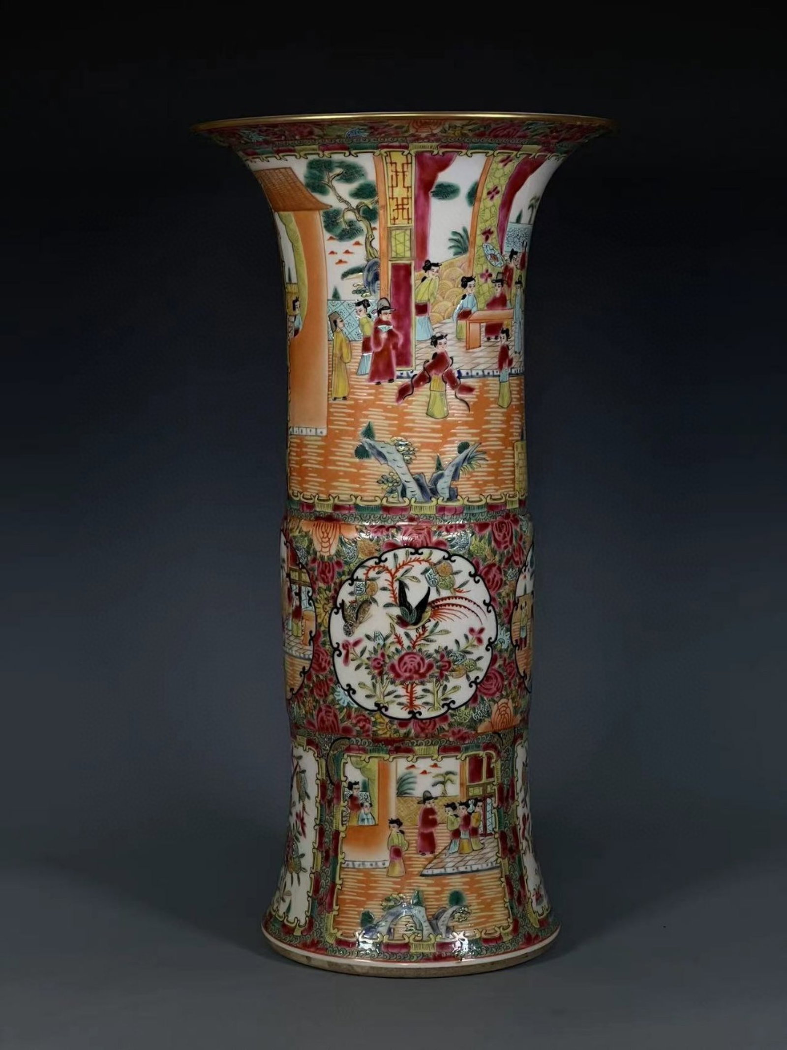 An Exquisite Famille-Rose Painted Gold Figure,Flower and Bird Pattern Vase: An Exquisite Famille-Rose Painted Gold Figure,Flower and Bird Pattern Vase,Qing Dynasty,China,Size:18.1inx5.4inx6.7in 粉彩描金人物花鸟纹瓶,&