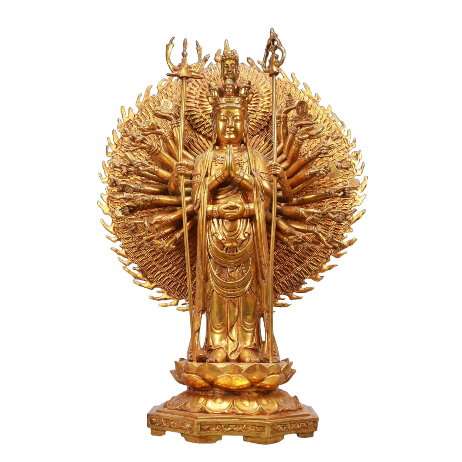 A Rare Gilt Bronze Statue of Thousand-hand Guanyin: A Rare Gilt Bronze Statue of Thousand-hand Guanyin,Ming Dynasty, China,Yongle Six-character Mark,Size:15.7inx7.9inx22in,Weight:13150g 铜鎏金千手观音像,&