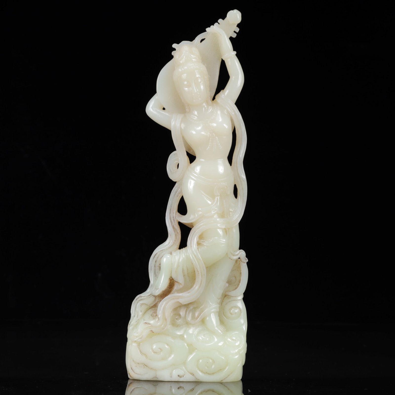 An Exquisite White Jade Statue of Gadgadasvara: An Exquisite White Jade Statue of Gadgadasvara,Qing Dynasty, China,Size:3.1inx1.2inx10.6in,Weight:681g 白玉妙音观音像,中国清代