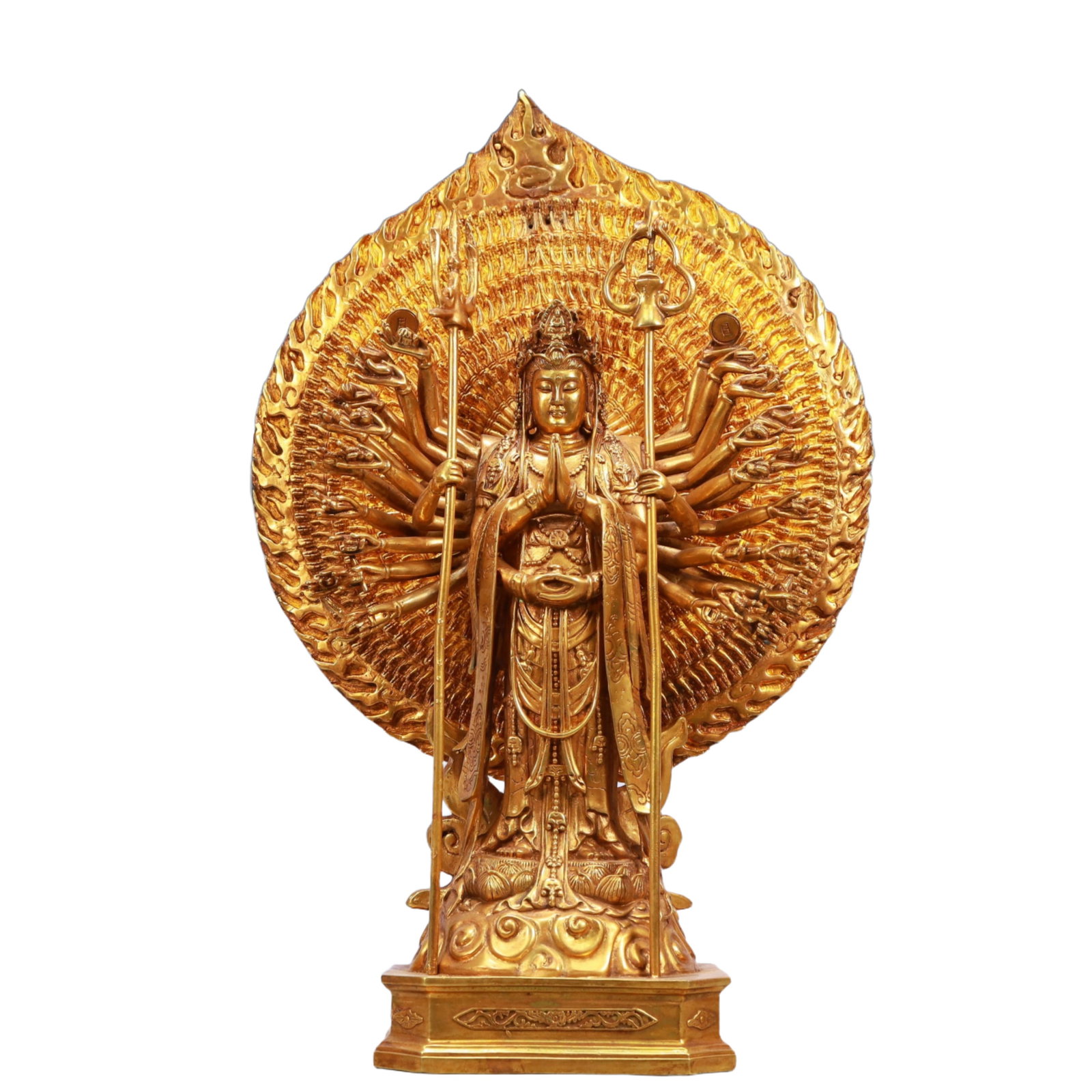 A Rare Gilt Bronze Statue of Thousand-hand Guanyin: A Rare Gilt Bronze Statue of Thousand-hand Guanyin,Ming Dynasty, China,Yongle Six-character Mark,Size:13.4inx5.5inx20.7in,Weight:8350g 铜鎏金千手观音像,