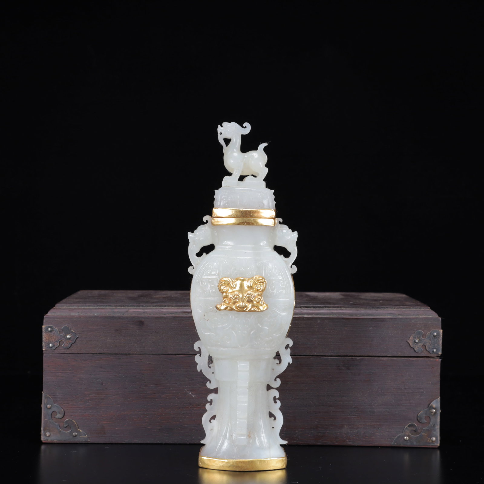 An Exquisite White Jade Cover with Gold Beast-Face Pattern Double-Ears Bottle: An Exquisite White Jade Cover with Gold Beast-Face Pattern Double-Ears Bottle,Qing Dynasty,China,Size:(Bottle)2.8inx2inx8.7in,(Box)11inx5.5inx4.3in,Weight:530g