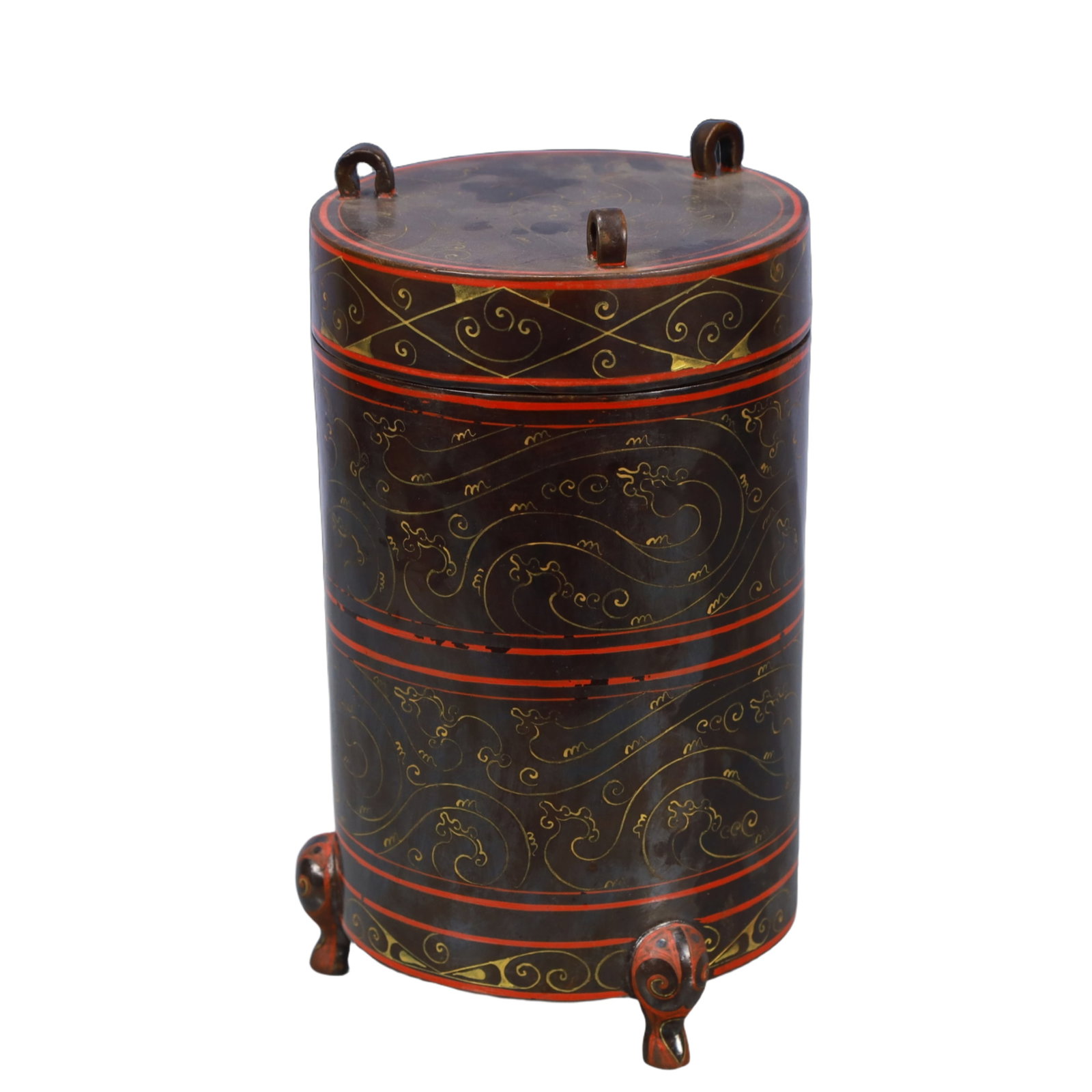 An Exquisite Lacquer Painted Color Dragon Pattern Tripod Censer: An Exquisite Lacquer Painted Color Dragon Pattern Tripod Censer,Han Dynasty, China,Size:6.7inx11in,Weight:250g 漆器彩绘龙纹三足香炉,中