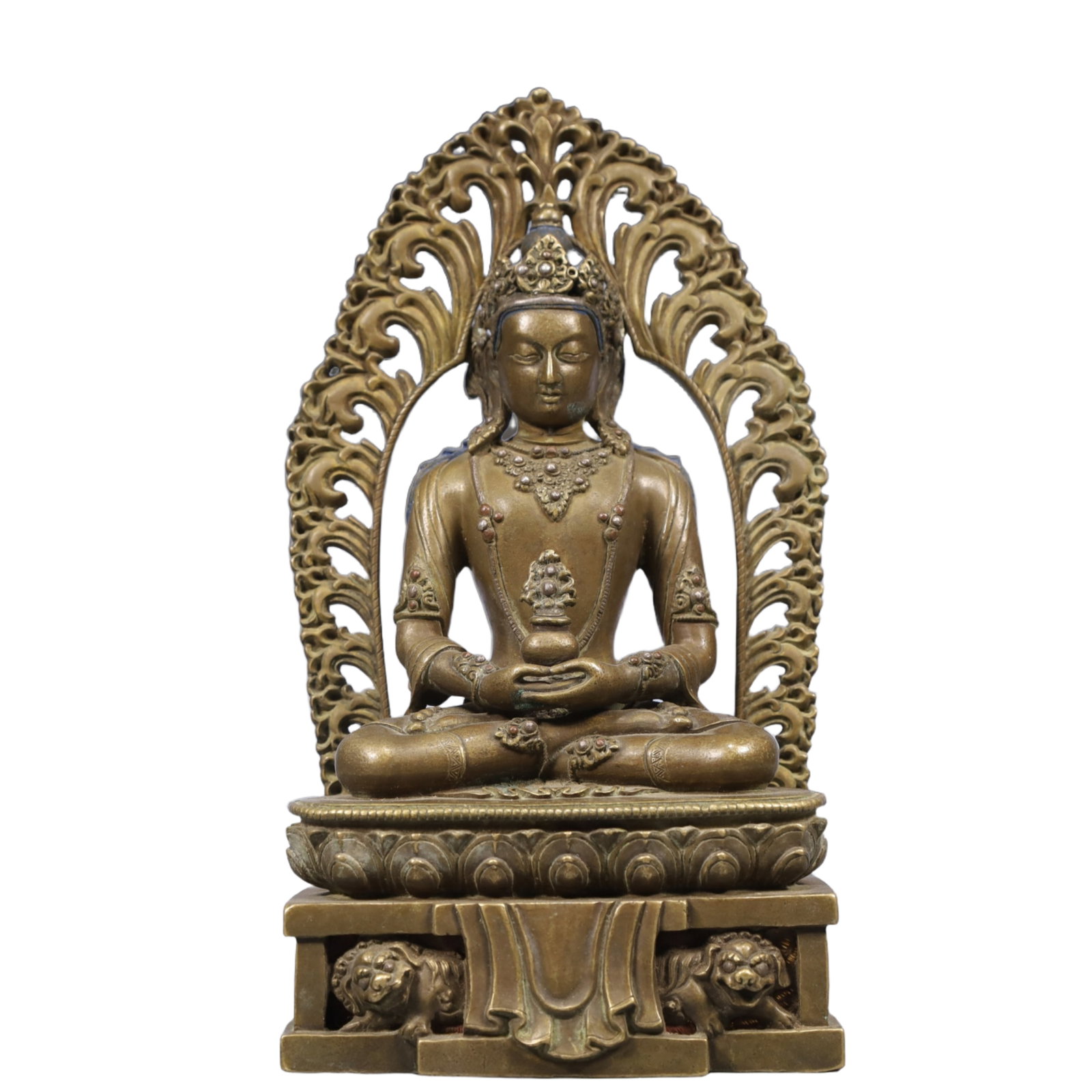 A Solemn Gilt Bronze Statue of Amitayus, With Inscription: A Solemn Gilt Bronze Statue of Amitayus, With Inscription, Qing Dynasty, China, Size:4.3inx2.6inx8.9in, Weight:1600g 铜鎏金无量寿佛像,带铭&#