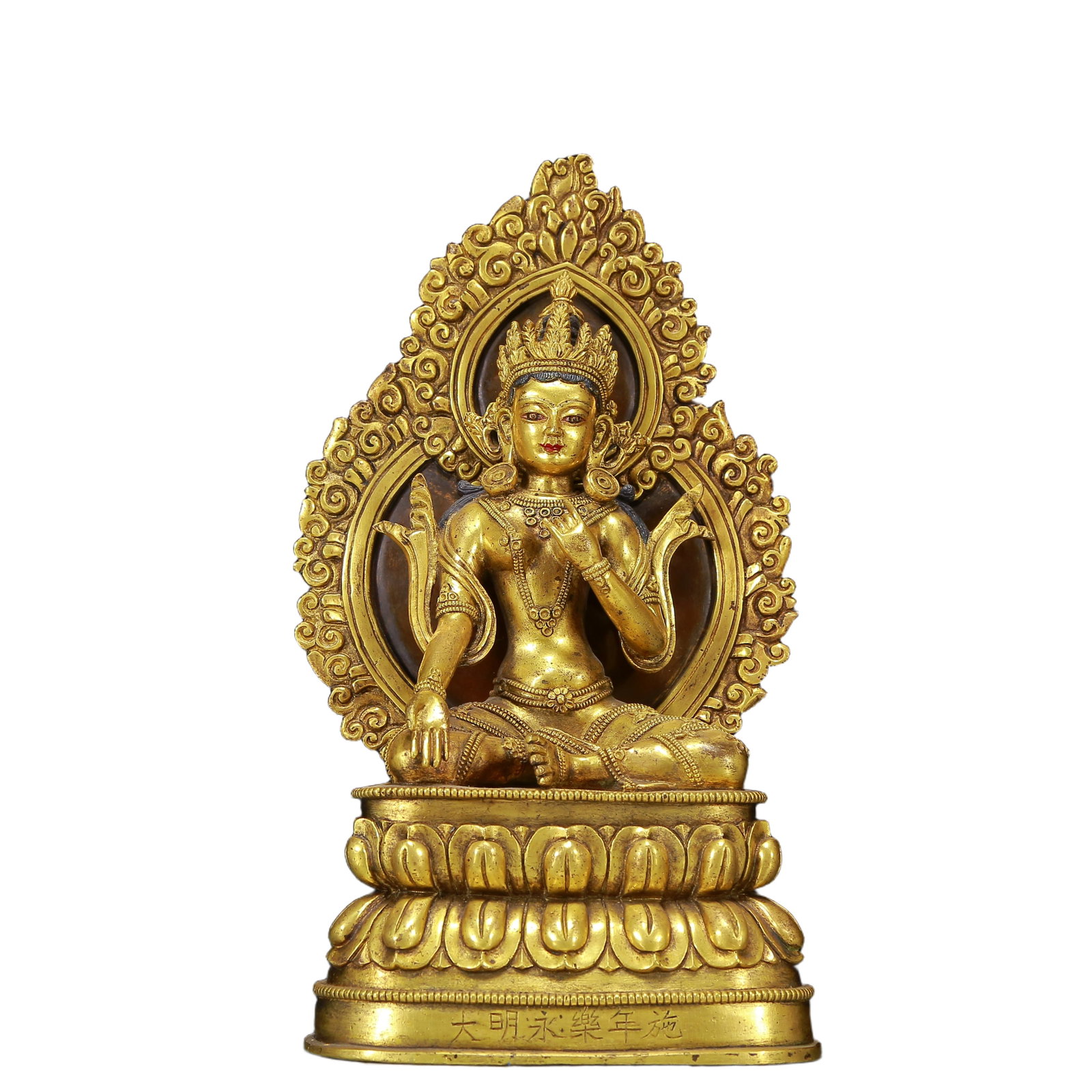 A Solemn Gilt Bronze Statue of Tara: A Solemn Gilt Bronze Statue of Tara,Ming Dynasty, China,Yongle Six-character Mark,Size:5.5inx4.3inx11in,Weight:2745g 铜鎏金度母像，明代，