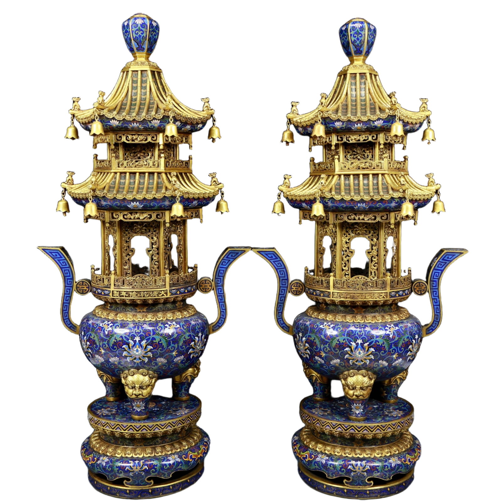 A stunning pair of cloisonn?? double-eared and tripod censers with twining lotus patterns: A pair of stunning cloisonné double-eared and tripod censers with entwined lotus patterns. The application of filigree technology makes the decoration of this collection more delicate and three-d