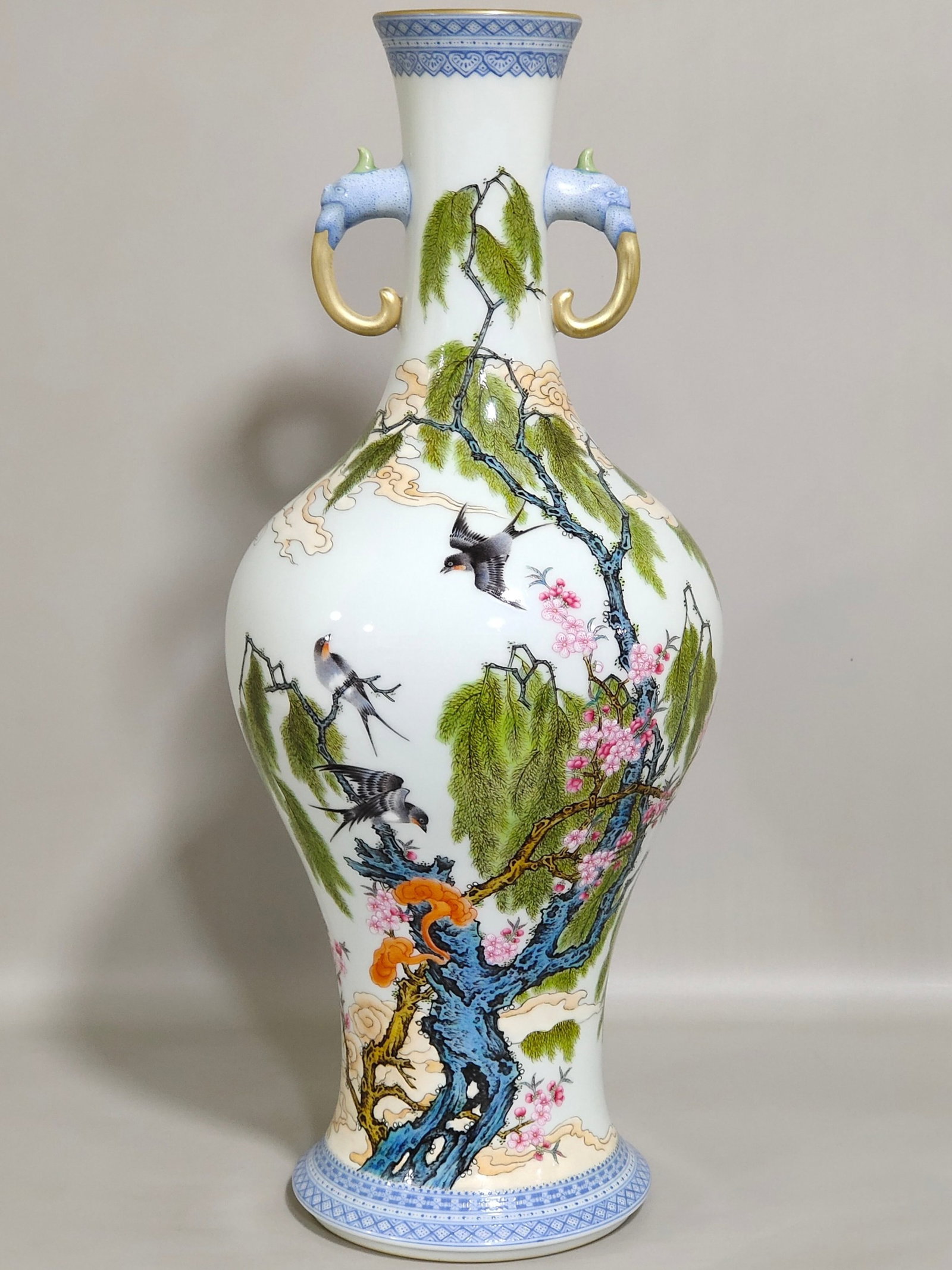 A Rare Famille-Rose Painted Gold Flower and Bird Pattern Elephant-Ears Vase,With Poem: A Rare Famille-Rose Painted Gold Flower and Bird Pattern Elephant-Ears Vase,With Poem,Qing Dynasty,China,Qianlong Six-character Mark,Size:14.4inx5.5in 粉彩描金花鸟&