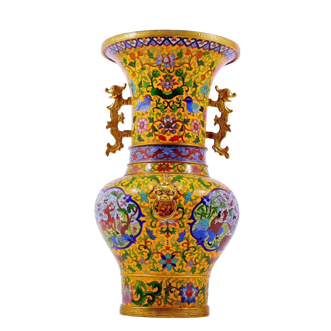 A Magnificent Cloisonne 'Flower& Figure' Beast-Handled Vase: Magnificent Cloisonne 'Flower& Figure' Beast-Handled Vase. Cast with key-fret borders and a flaring top, body enameled with polychrome patterns, all reserved on a bright yellow ground. Chinese Qing Dy