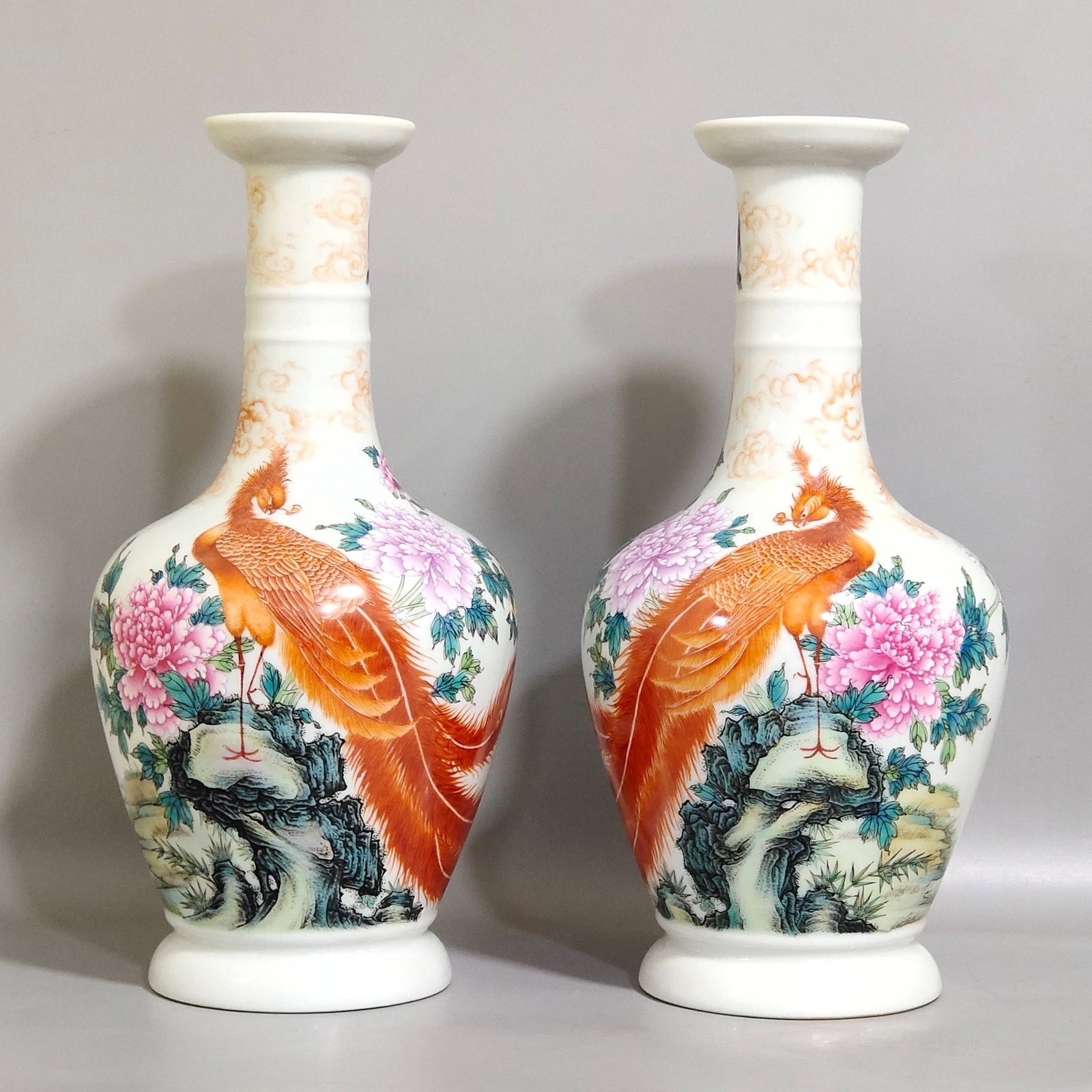 A Pair of Exquisite Famille-Rose Peony and Phoenix Pattern Vases,With Poem: A Pair of Exquisite Famille-Rose Peony and Phoenix Pattern Vases,With Poem,Qing Dynasty,China,Yongzheng Six-character Mark,Size:9.8inx4.7in